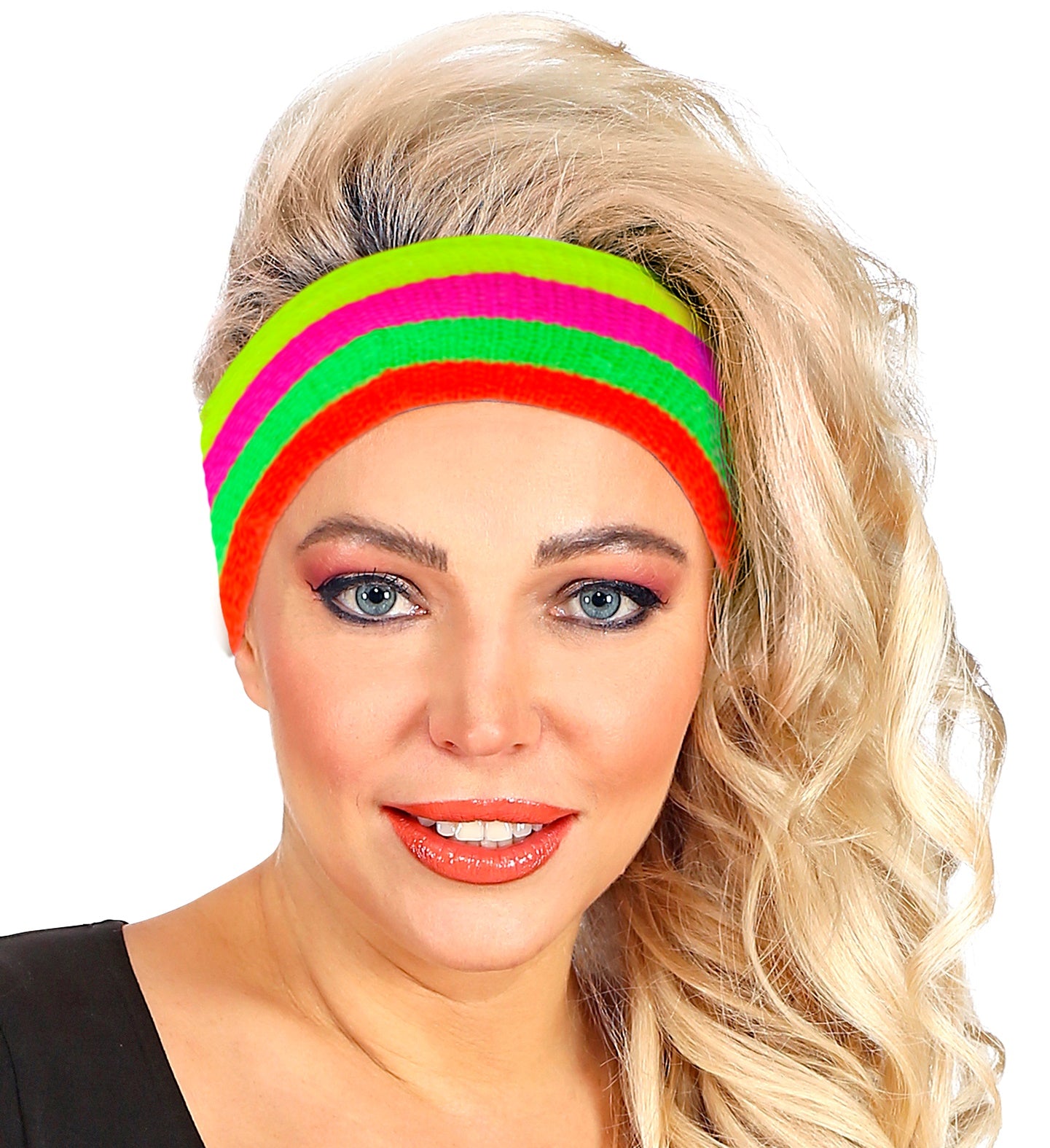 A woman with 80s-style blonde hair modeling the vibrant neon-striped headband.
