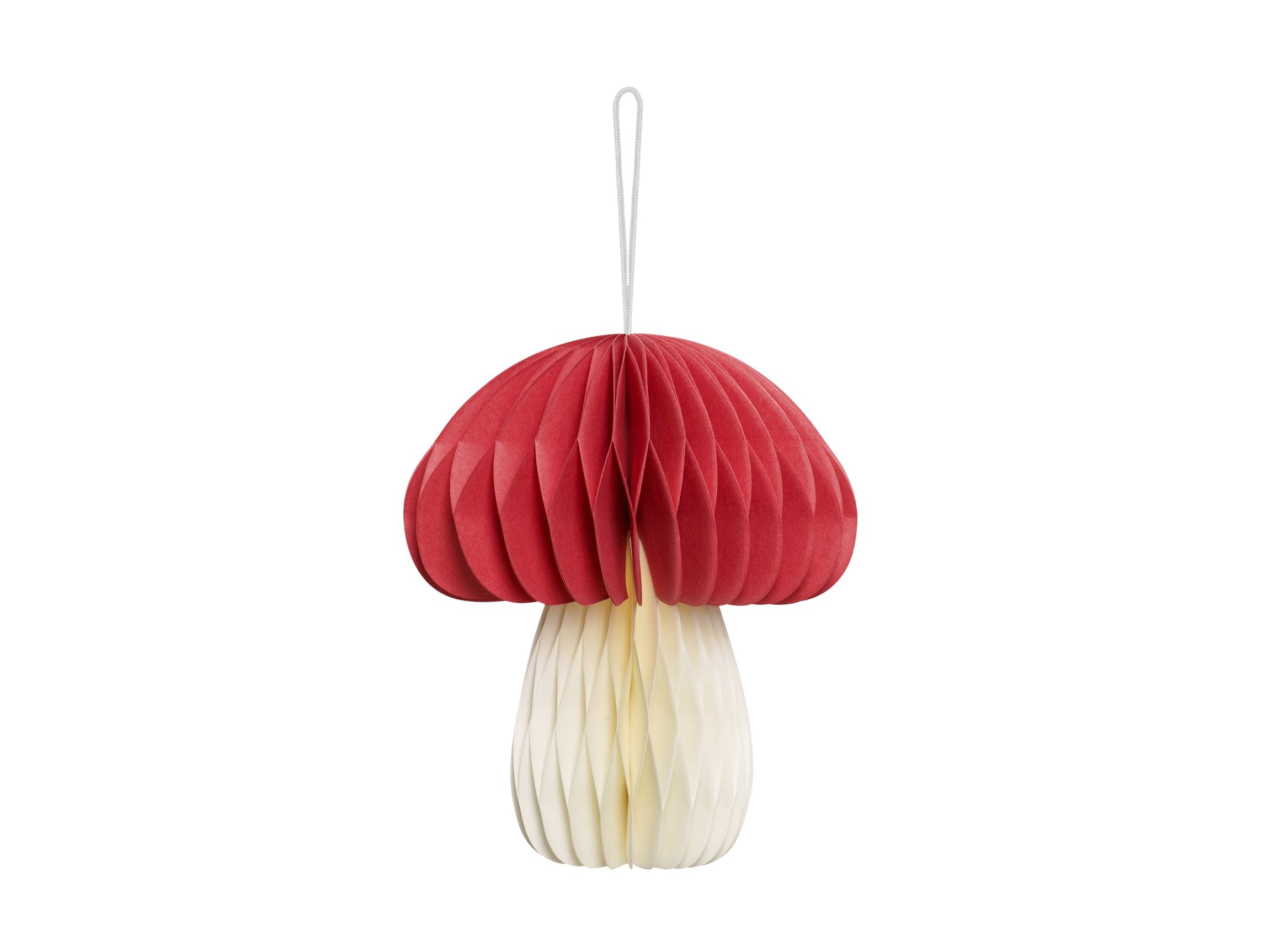 A 12.5cm hanging honeycomb decoration shaped like a red and beige mushroom (toadstool).