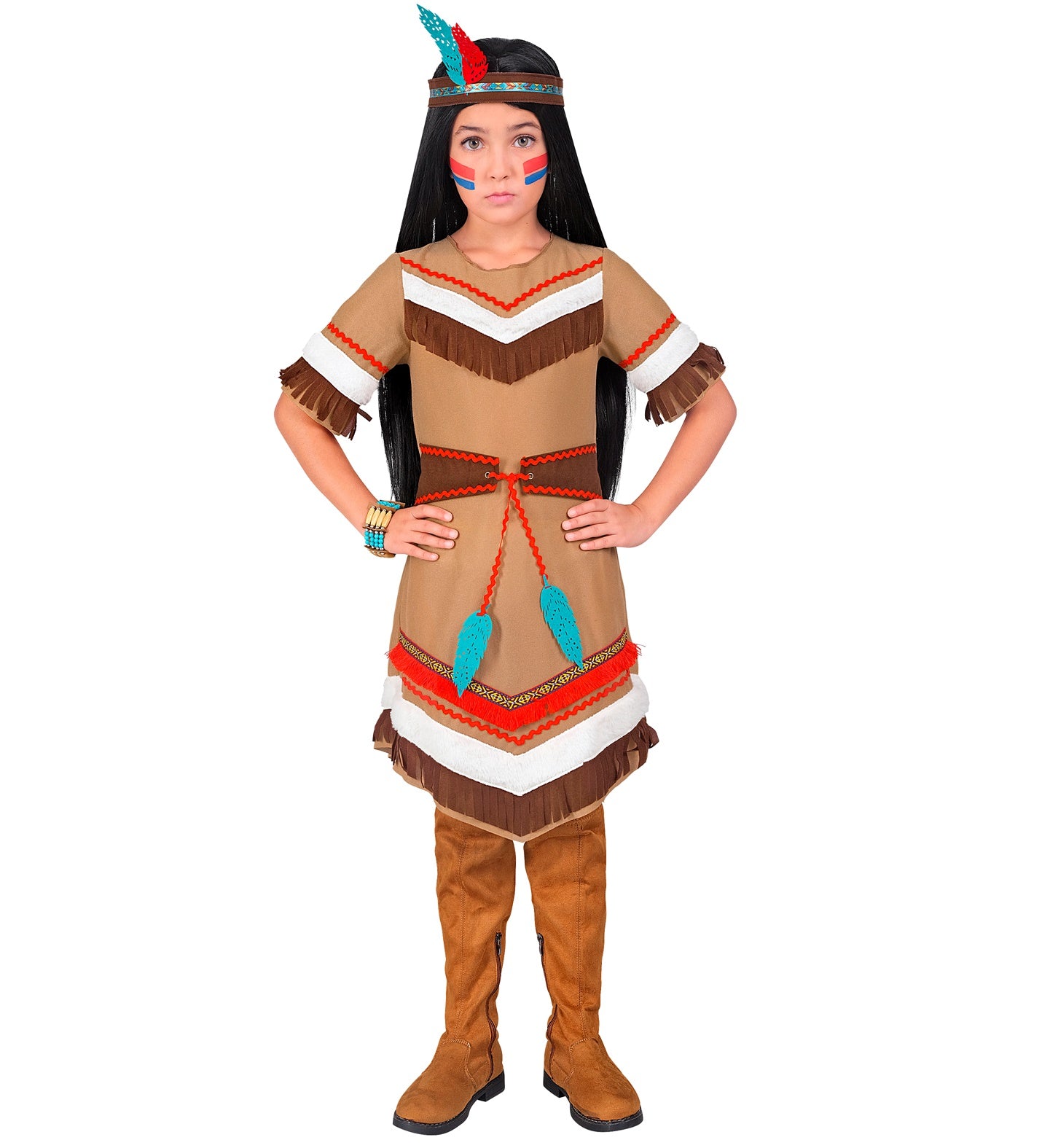 Child in Native American costume with headdress on a white background