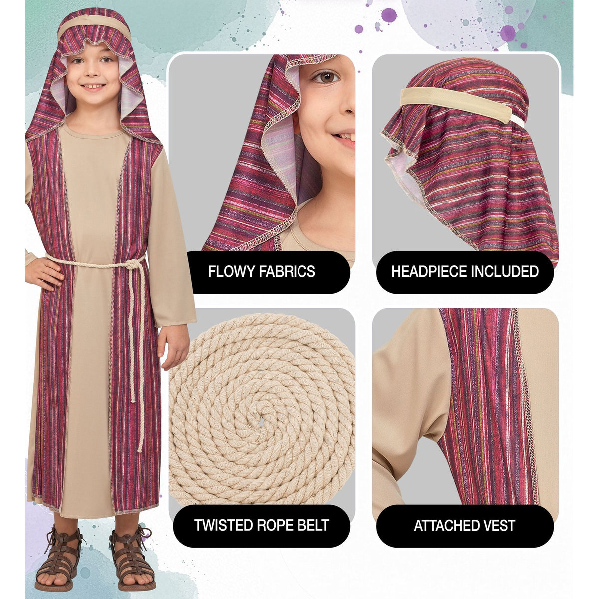 A child modeling a beige and purple striped ancient-style costume robe with a matching headpiece, shown alongside four detail callouts highlighting the flowy fabric, included headpiece, twisted rope belt, and attached vest.