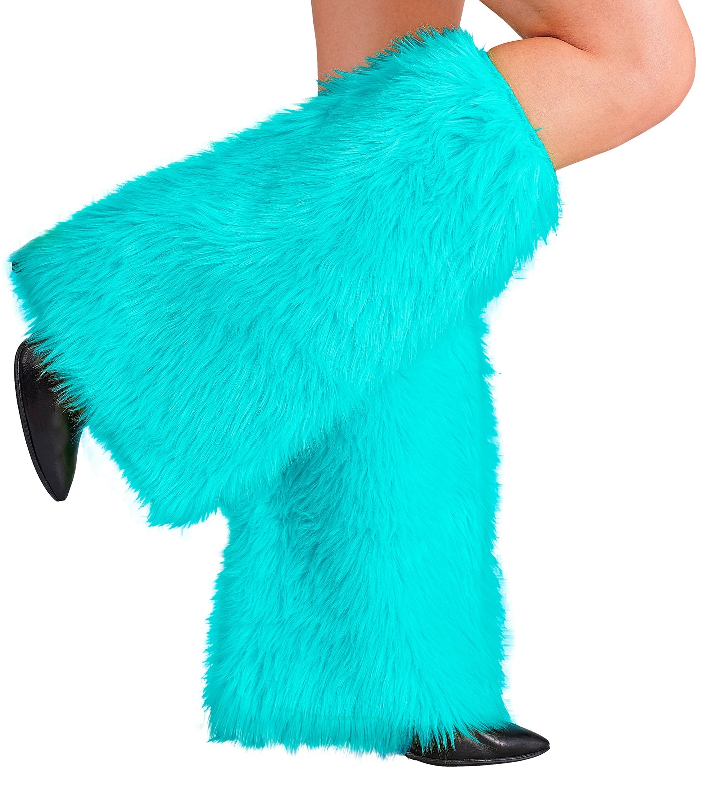 A close-up view focusing on the lower legs of a model wearing high-volume, fluffy neon blue faux fur plush leg warmers layered over black pointed boots.