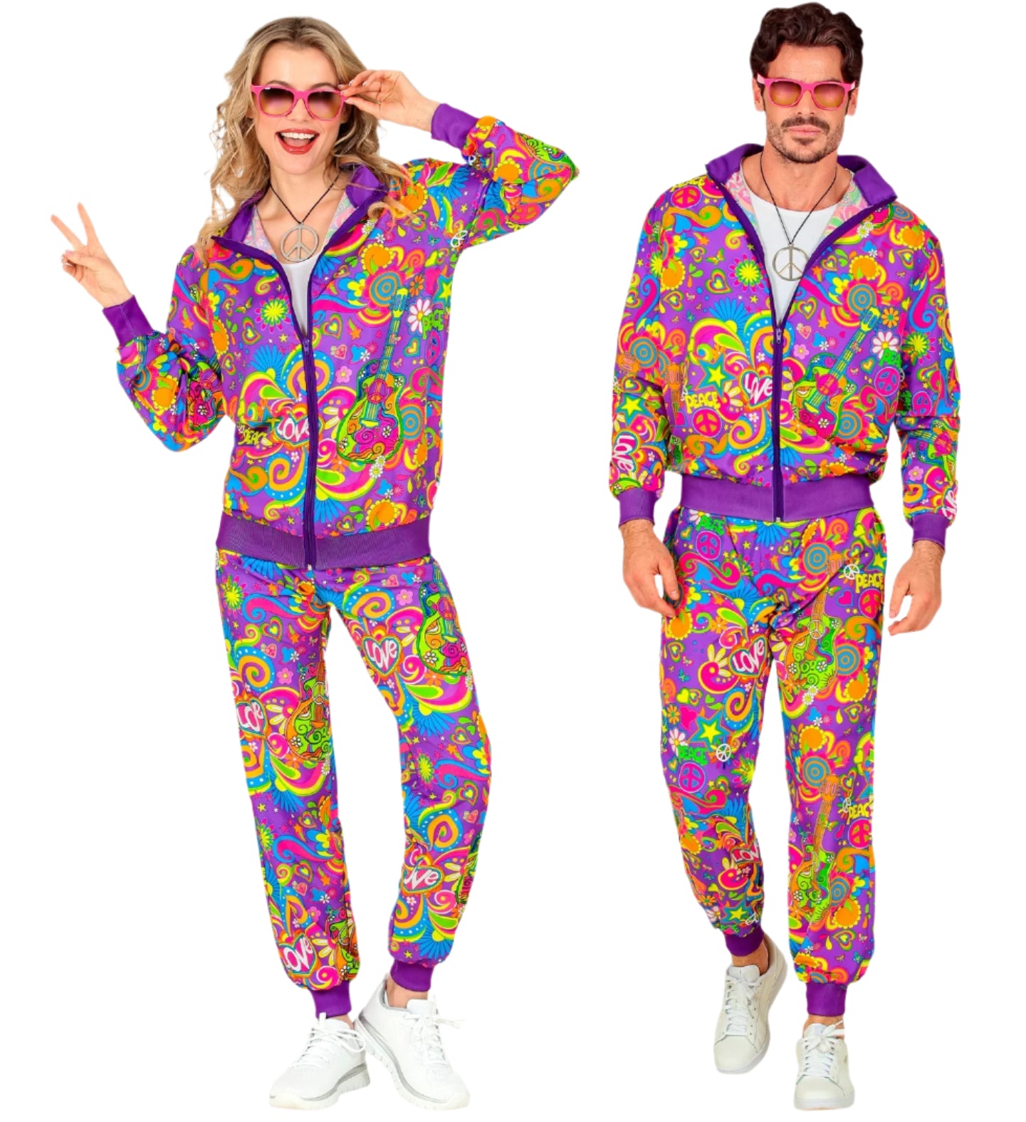 Adult Neon Flower Power Hippie Tracksuit Costume Unisex