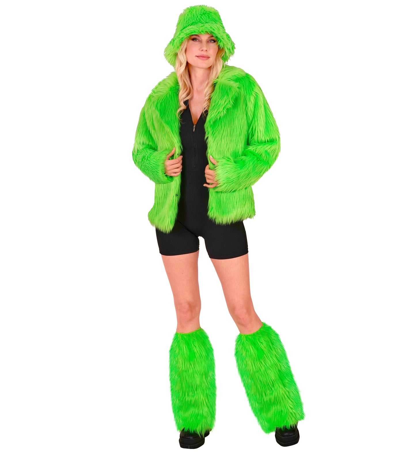 A full-length shot of a model wearing a black zippered bodysuit and shorts, styled with a vibrant neon green fuzzy bucket hat, a matching neon green faux fur jacket, and fluffy neon green plush leg warmers.