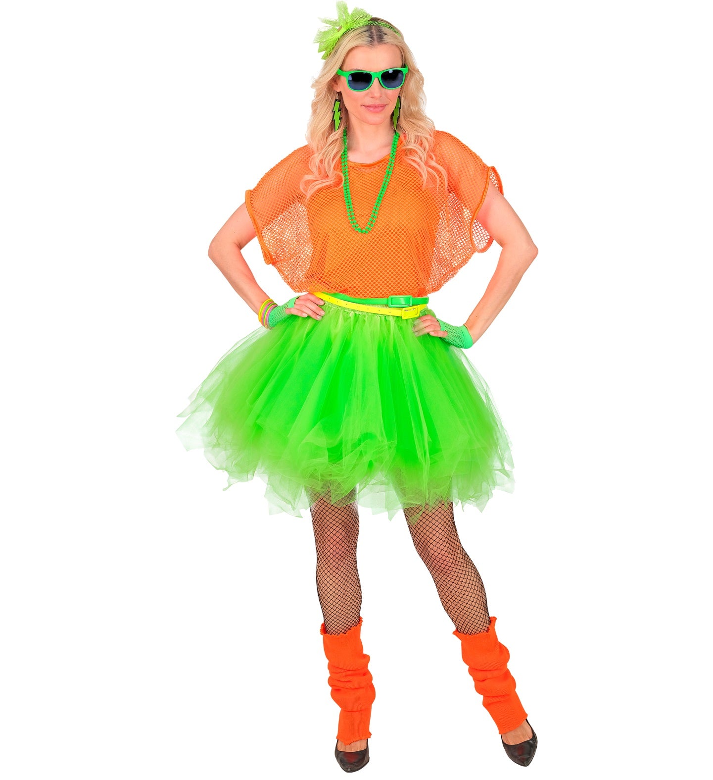 Woman in a full 80s neon outfit, including an orange mesh top, fishnet tights, orange leg warmers, and the neon green layered tutu skirt.
