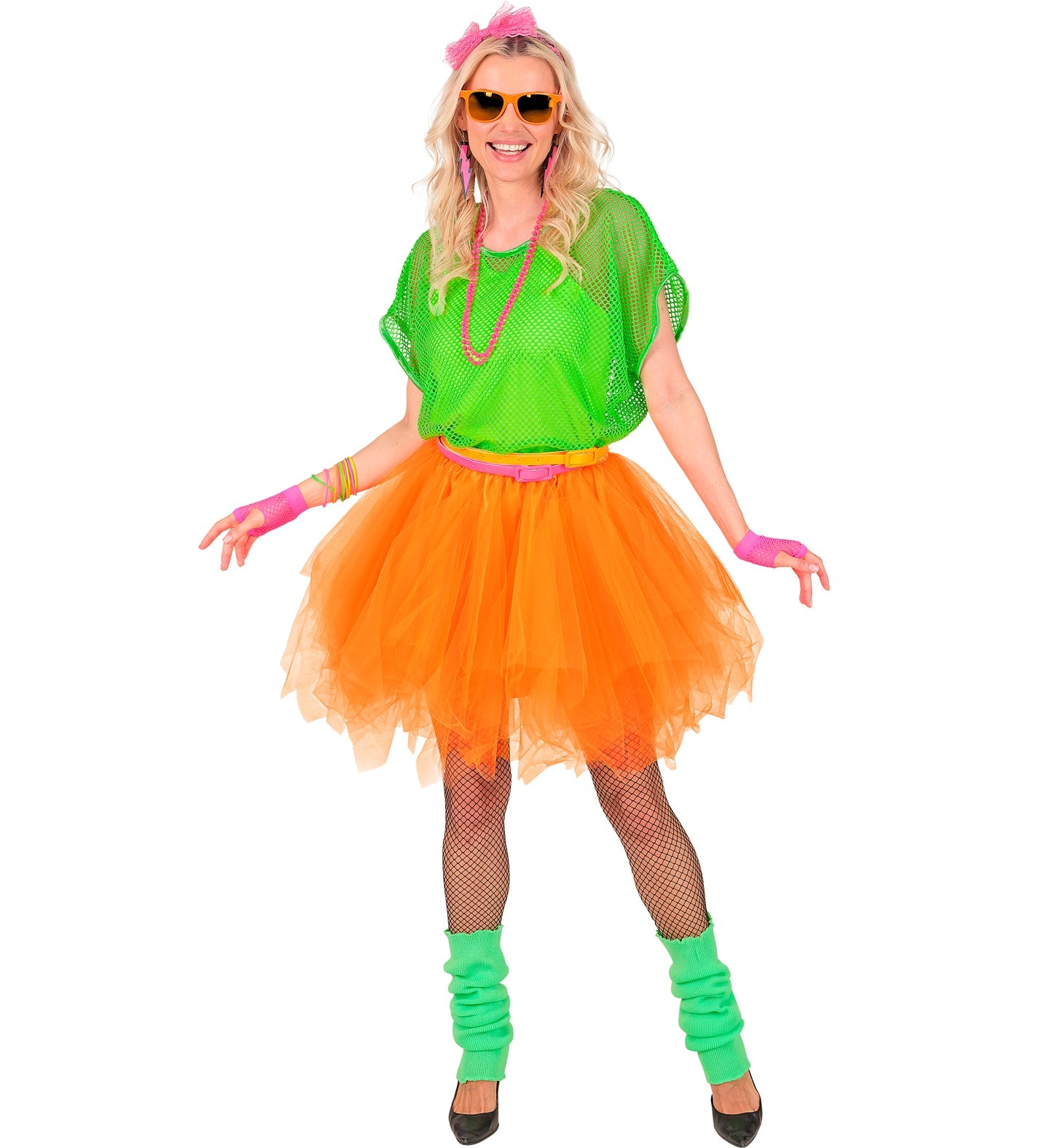 Woman in a full 80s neon outfit, including a green mesh top, fishnet tights, green leg warmers, and the neon orange layered tutu skirt.