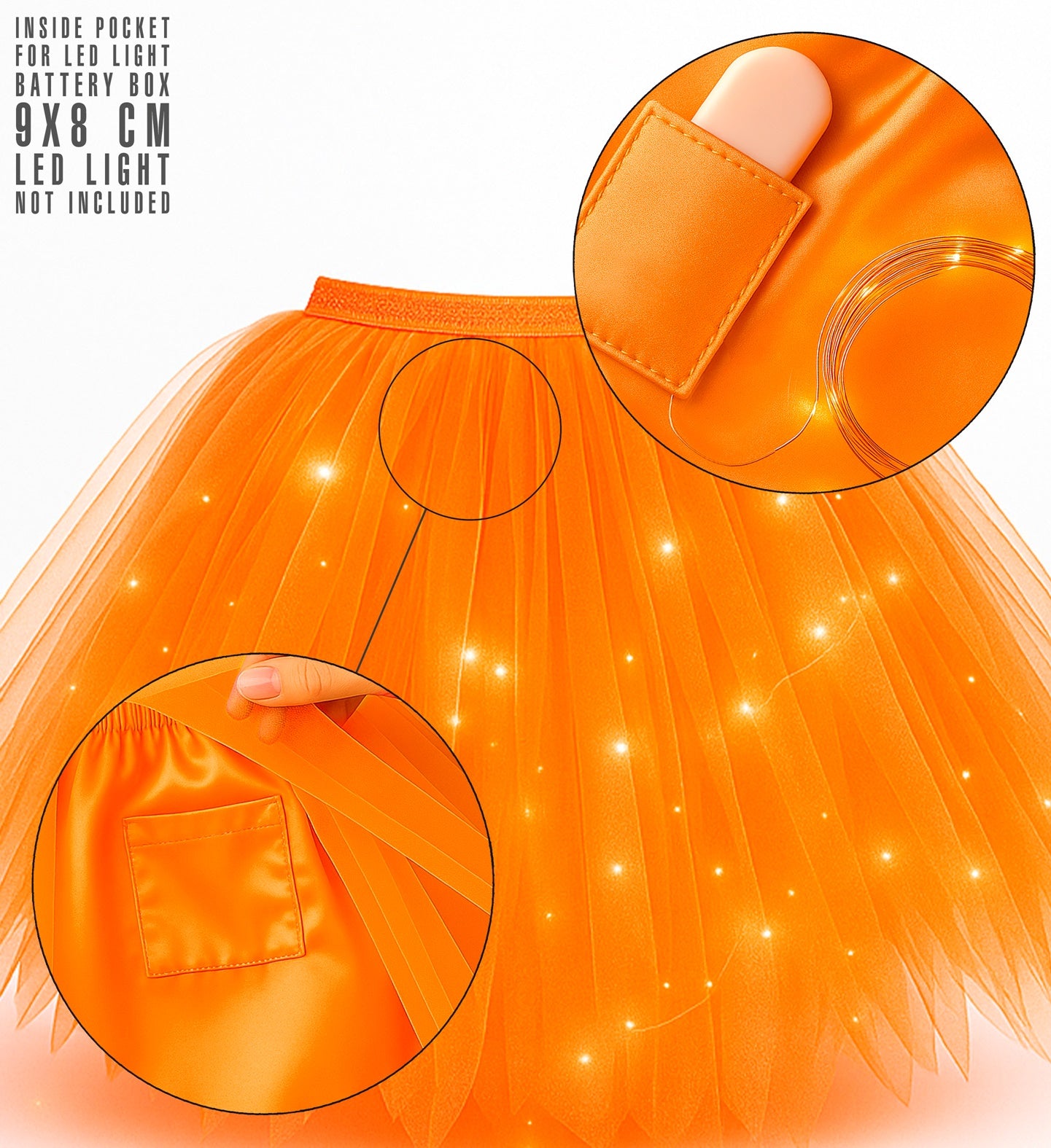 Detailed view of the neon orange tutu skirt showing the inner pocket designed for an LED light battery box and an example of fairy lights woven through the tulle.
