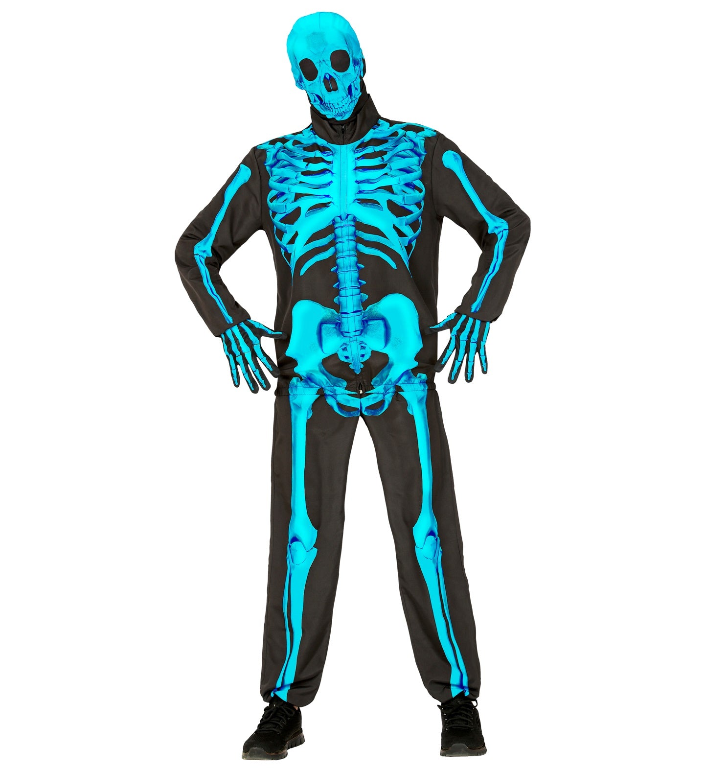 A man posing in the full neon blue skeleton costume, including the zip-up jacket, pants, gloves, and full head mask.