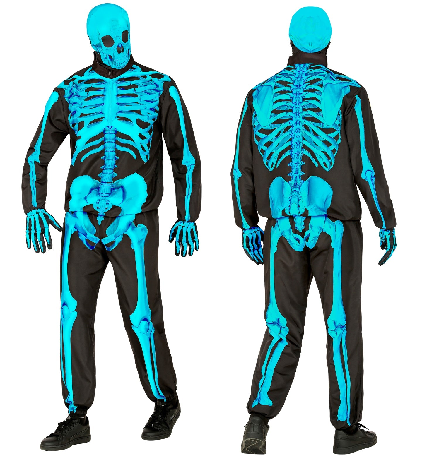 Front and back views of the adult neon skeleton costume, displaying the full, vibrant blue bone print on the black tracksuit.