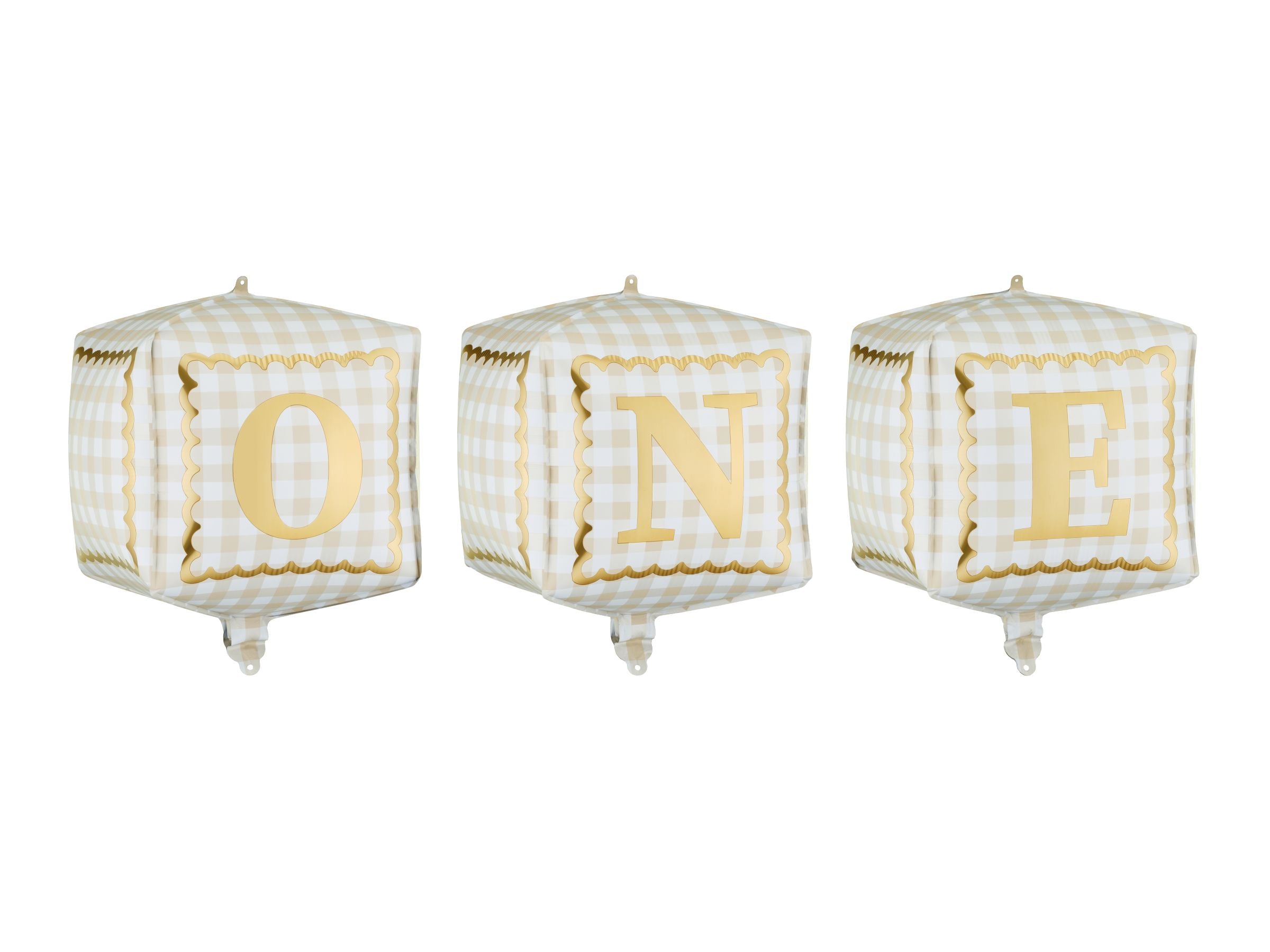 Three 3D foil cube balloons isolated on a white background, featuring a beige and white gingham pattern with gold scalloped edges and gold letters spelling O-N-E.