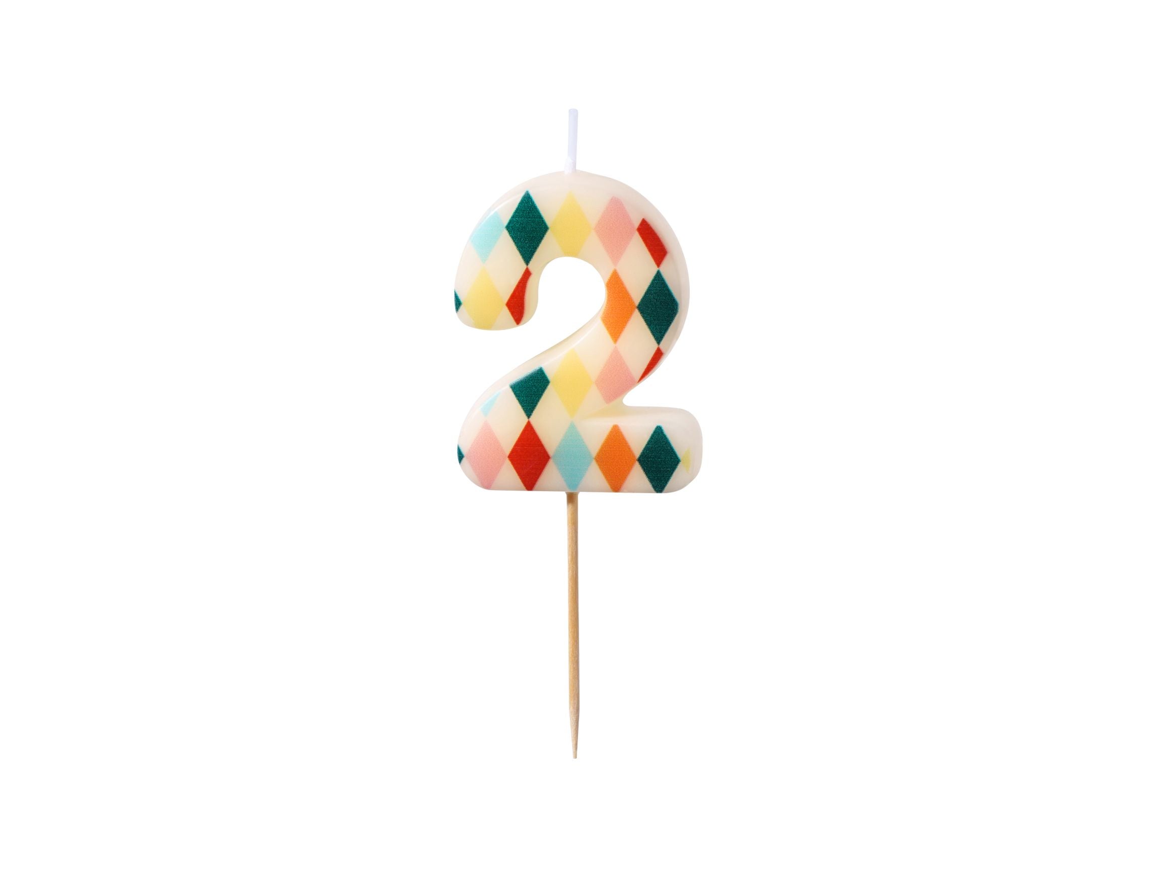 A number 2 birthday candle with a multi-colored diamond rhombus pattern on a white background.