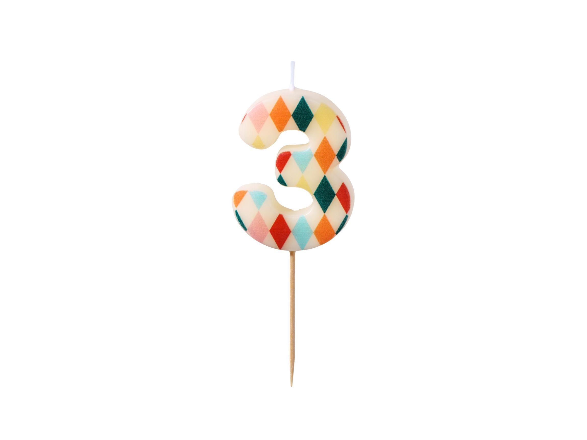 A number 3 birthday candle with a multi-colored diamond rhombus pattern on a white background.