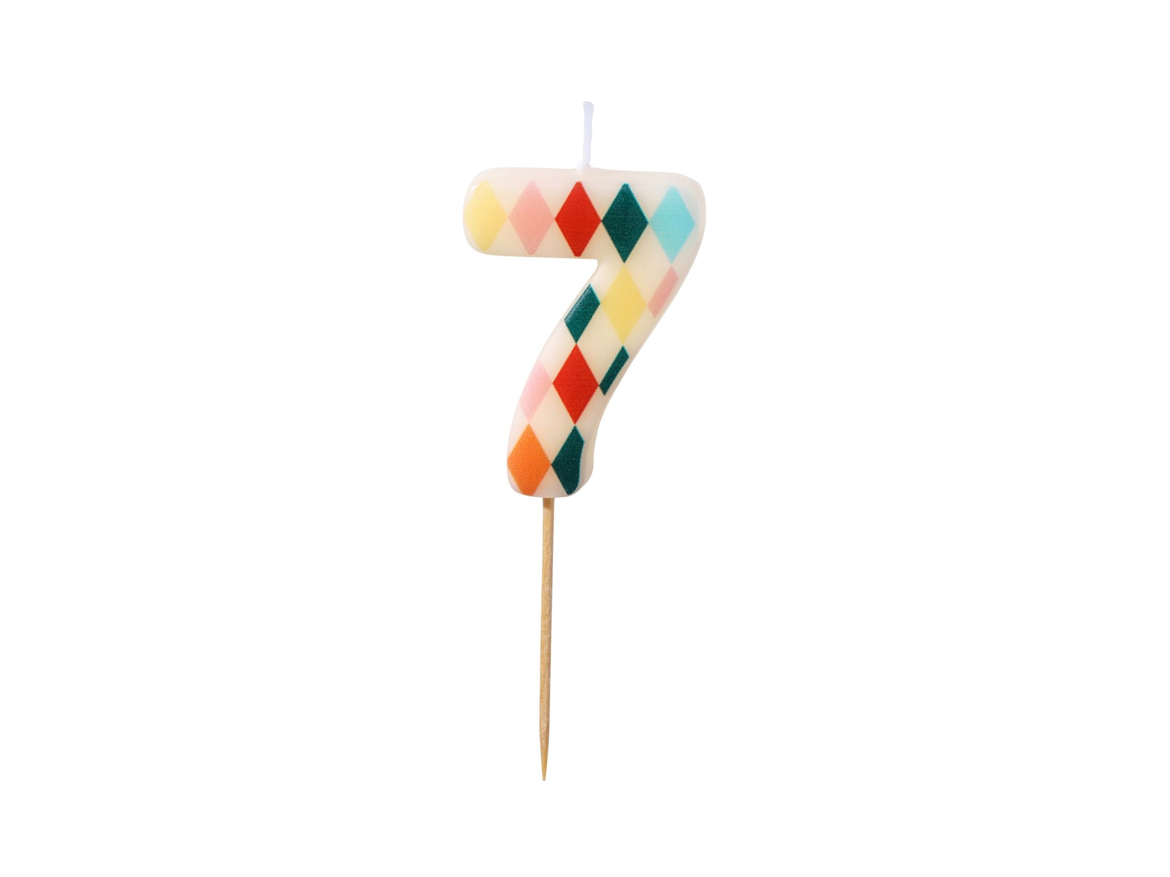 A number 7 birthday candle with a multi-colored diamond rhombus pattern on a white background.