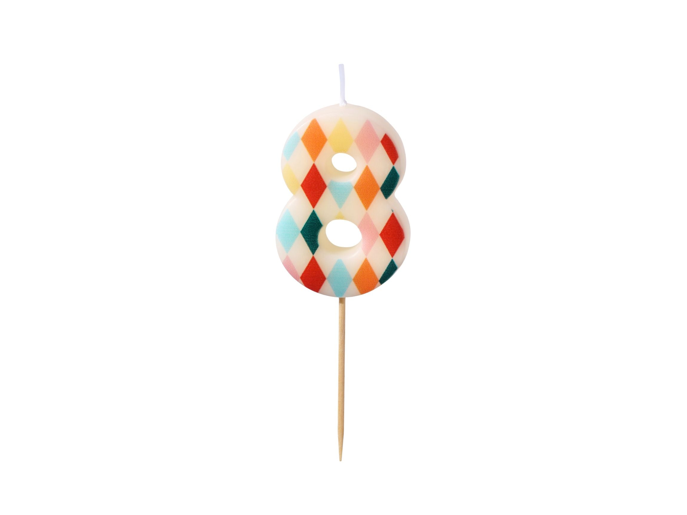 A number 8 birthday candle with a multi-colored diamond rhombus pattern on a white background.