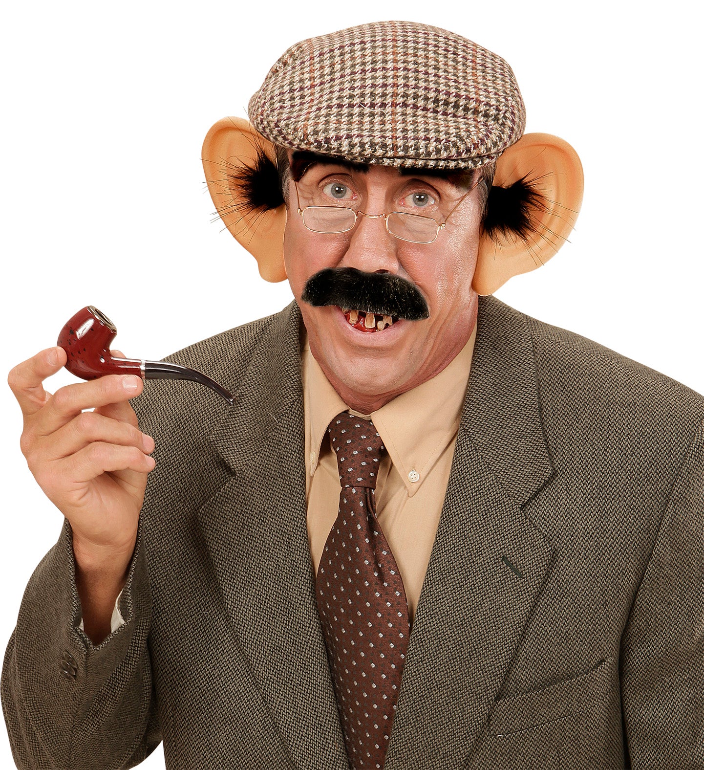 A person wearing the Old Man Dentures, paired with oversized fake ears, a flat cap, and a mustache for a comedic grandpa costume.