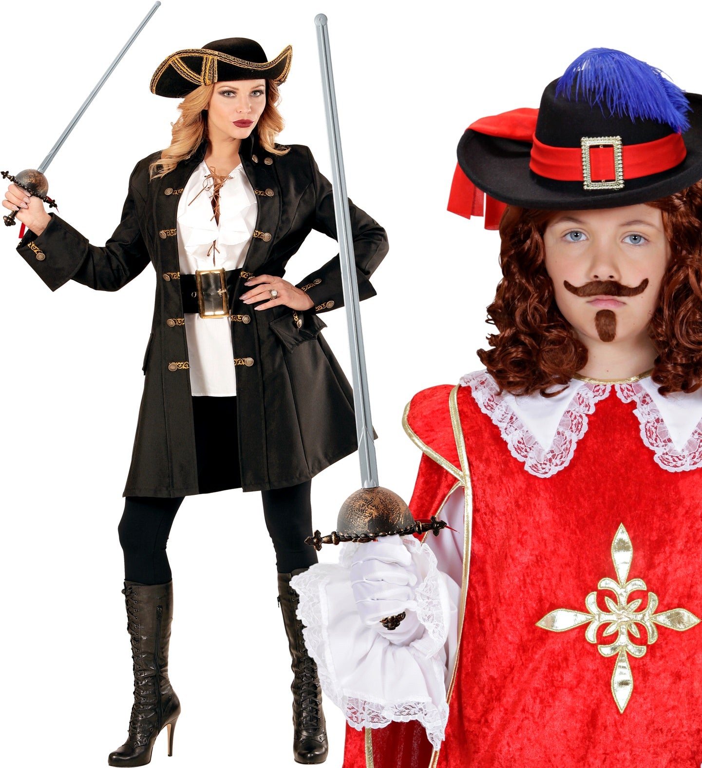 A collage featuring a woman dressed as a swashbuckling pirate holding a silver fencing sword, and a child dressed as a musketeer in a red velvet tunic holding the same rapier style prop.