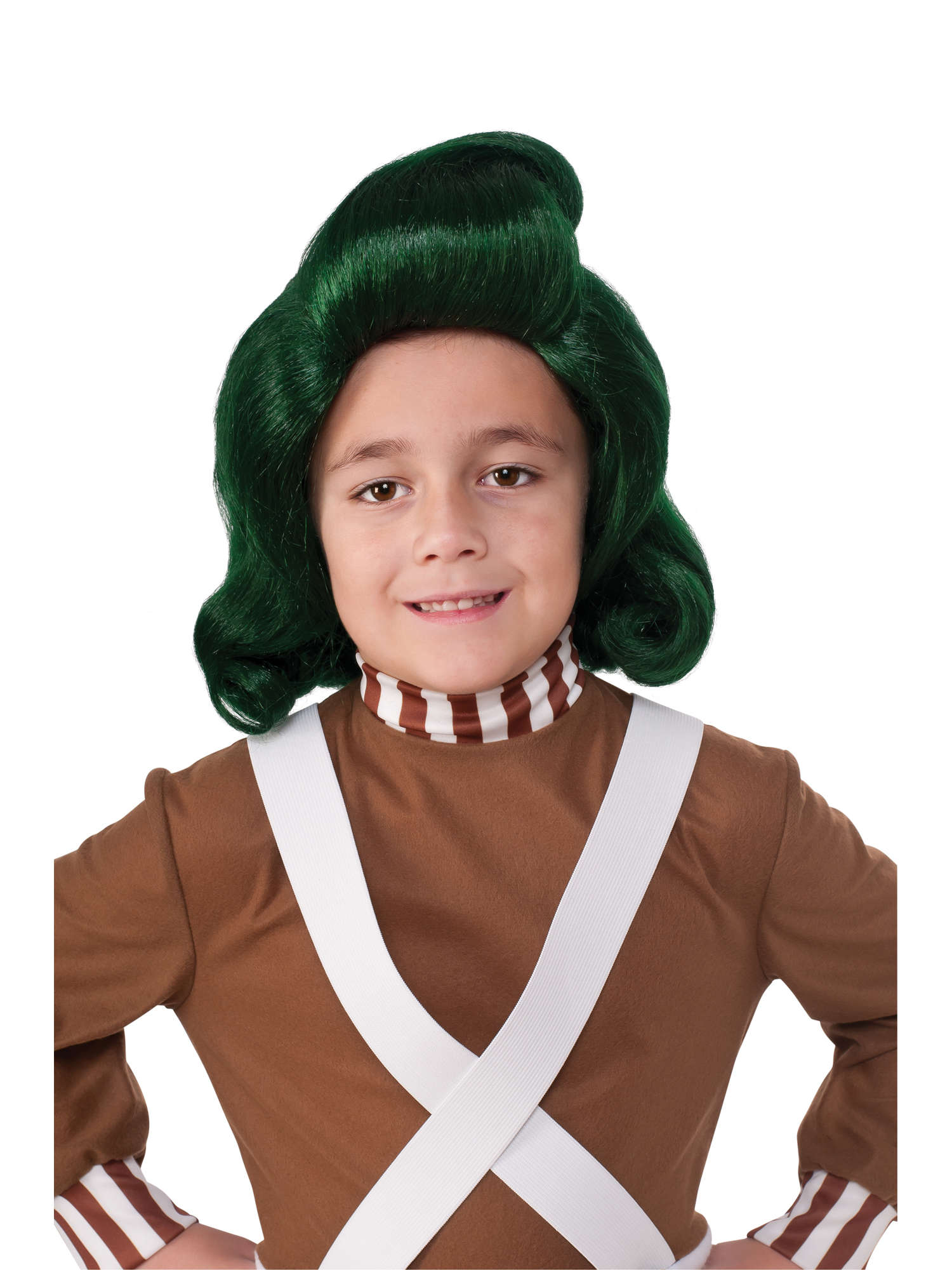 Child wearing a vibrant green Oompa Loompa wig with iconic flipped-out curls