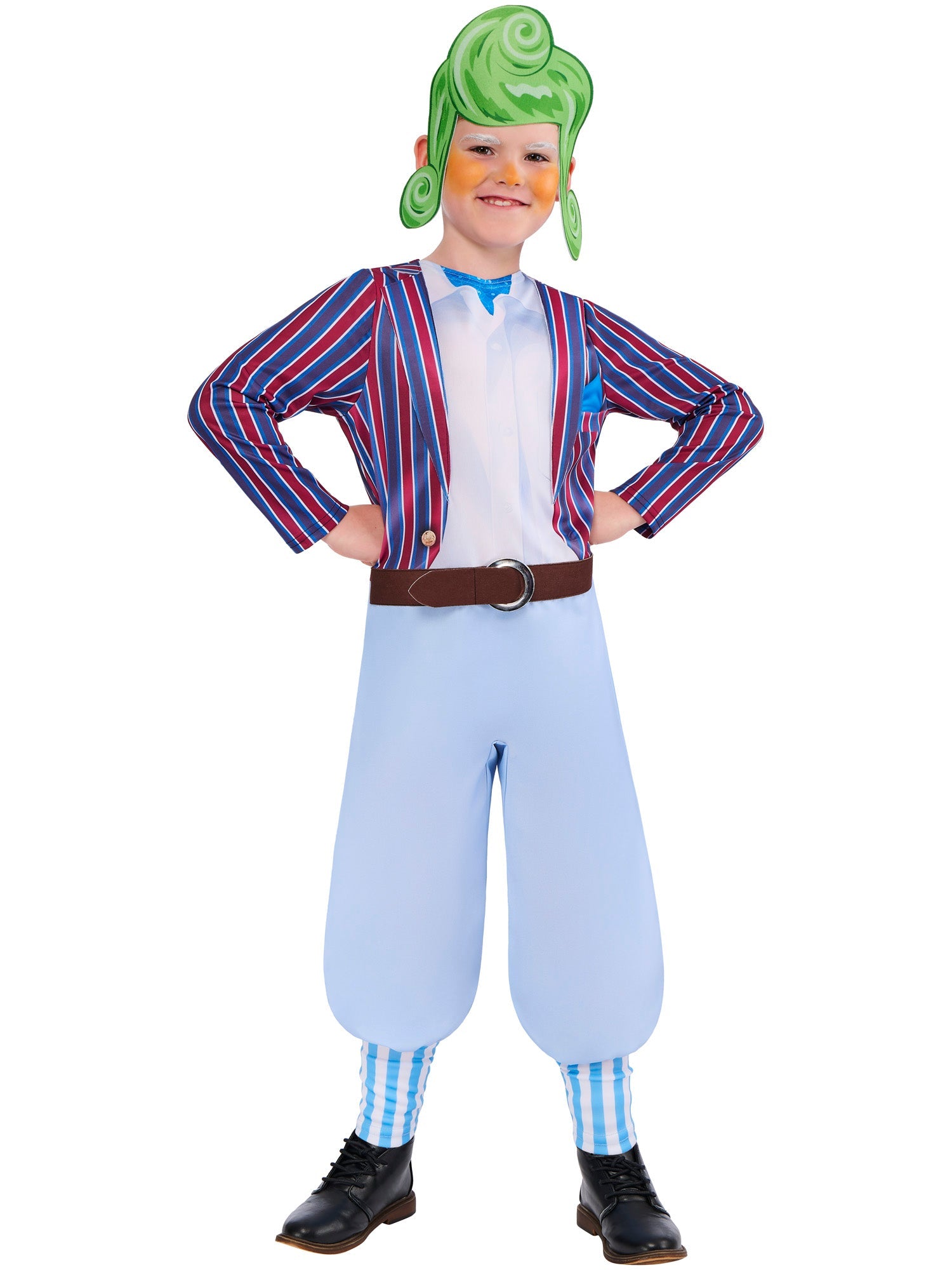 Child modelling an official Oompa Loompa costume with a striped red and blue jacket and green hair headpiece.