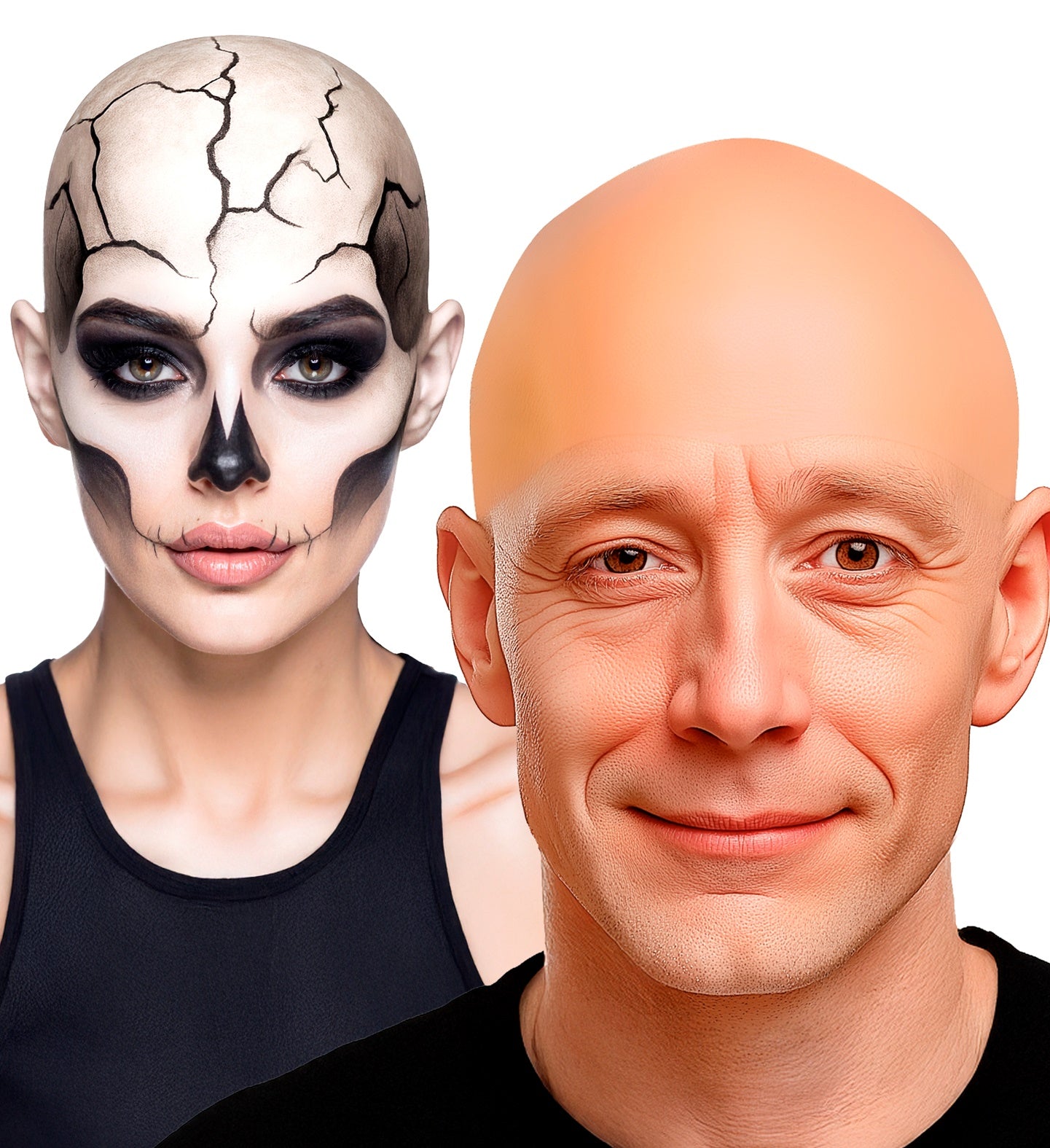 A professional latex bald cap being worn by person with skull makeup on the left and a bald person on the right against a white background