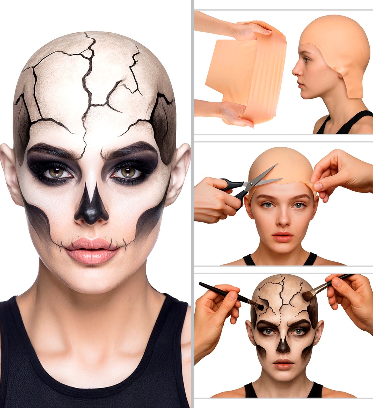 Step-by-step application of a professional latex bald cap being trimmed and fitted.