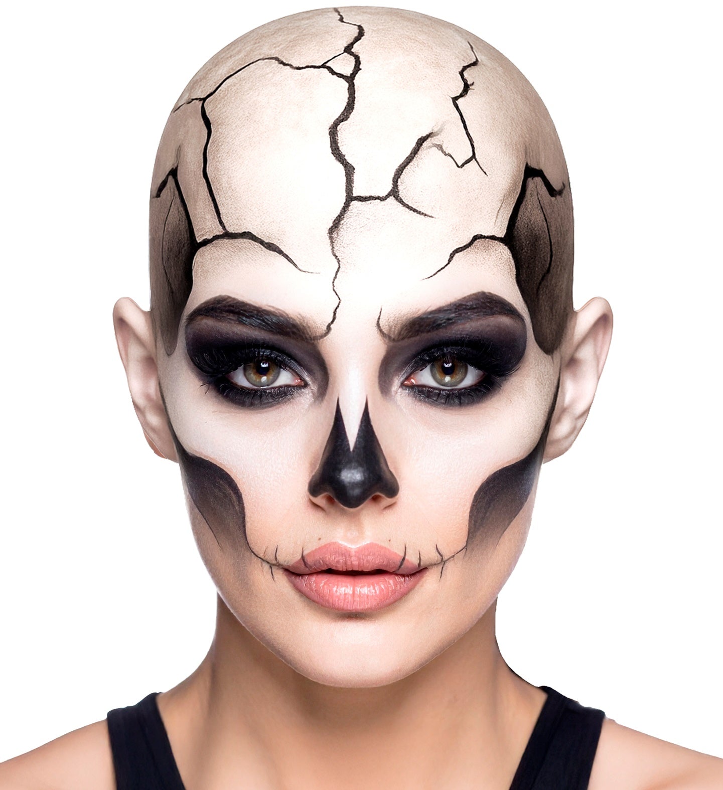 Model wearing a latex bald cap with detailed cracked skull SFX makeup for Halloween.