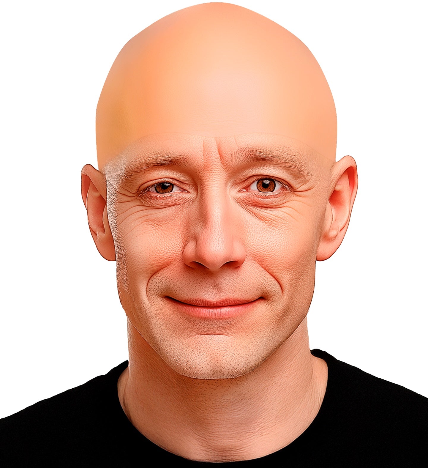 Close-up of a flesh-toned latex bald cap showing a smooth, realistic fit on a male model.