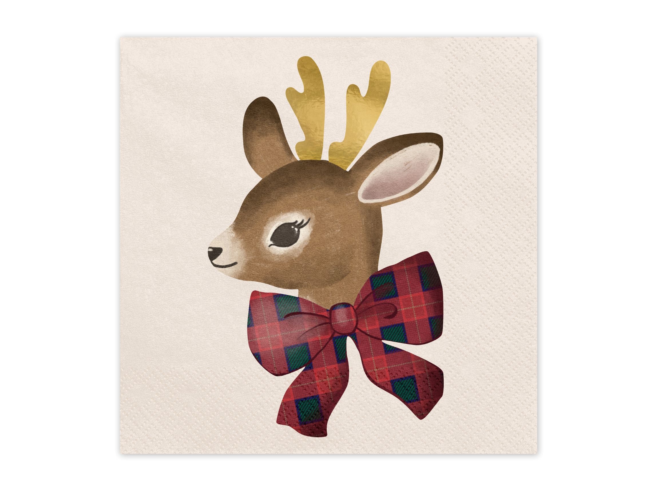 A single paper napkin showing a cute fawn/deer head illustration with a red and green plaid bow tie and gold antlers.