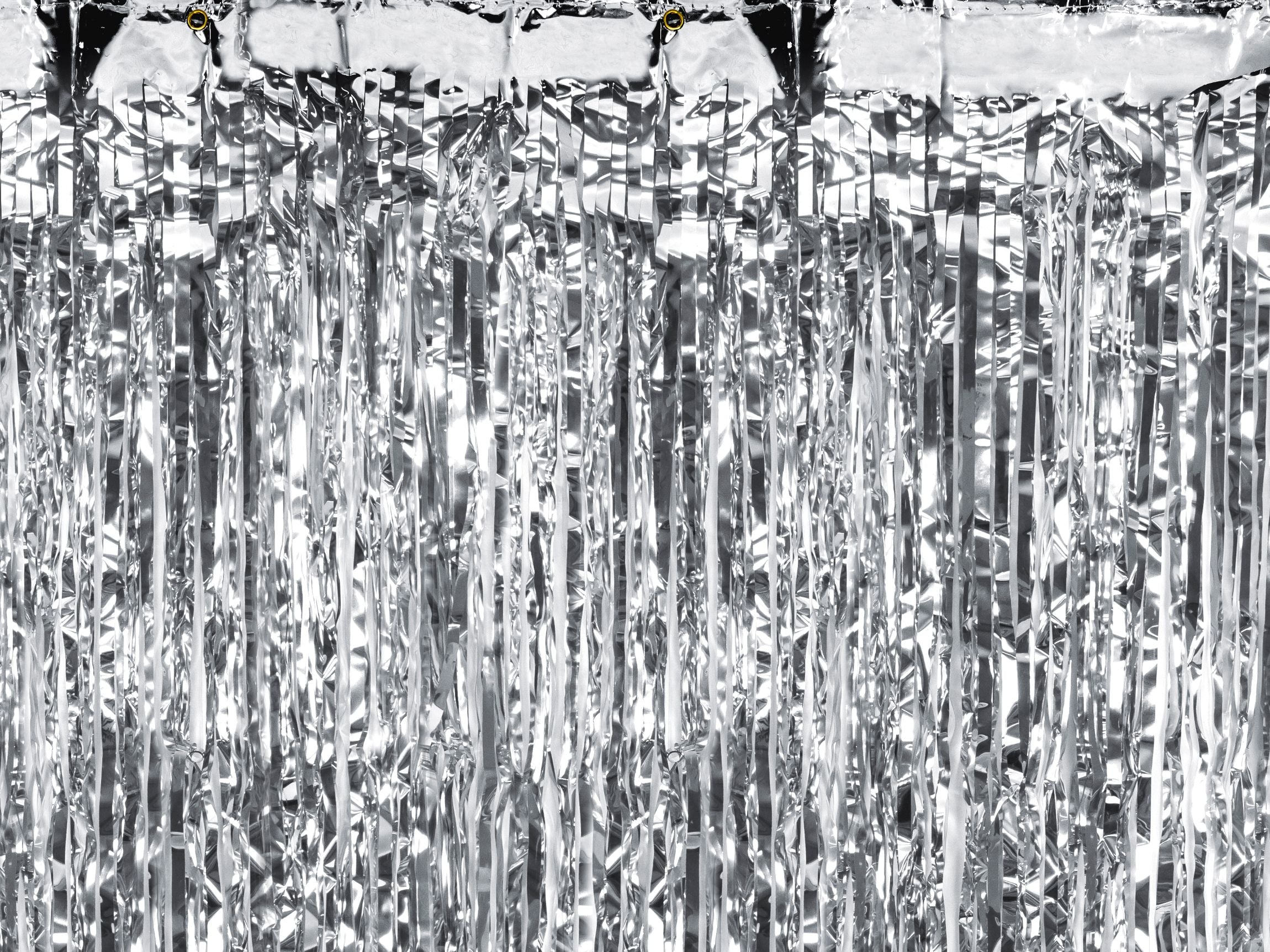 Close-up of a metallic silver foil party curtain with shimmering fringe details.