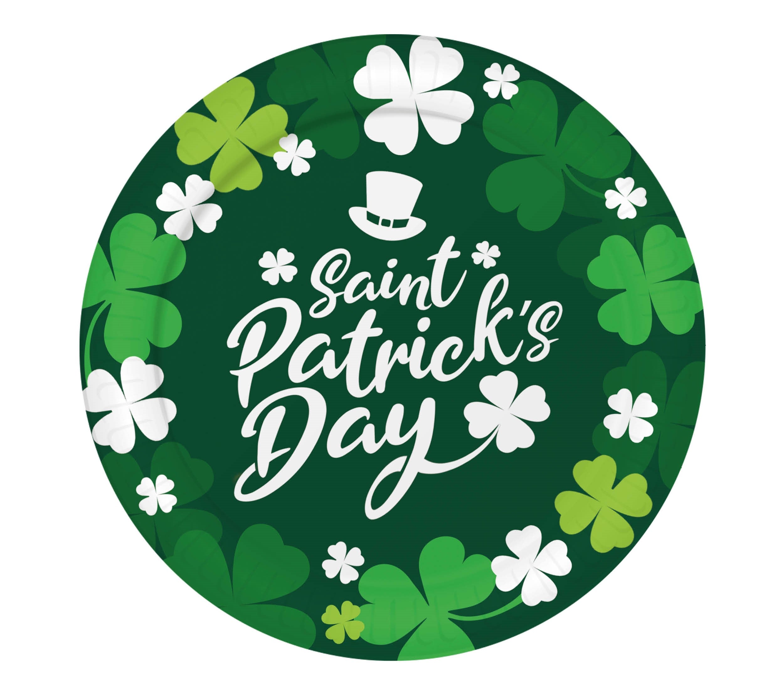 Patrick's Day Party Plates with shamrock design and writing