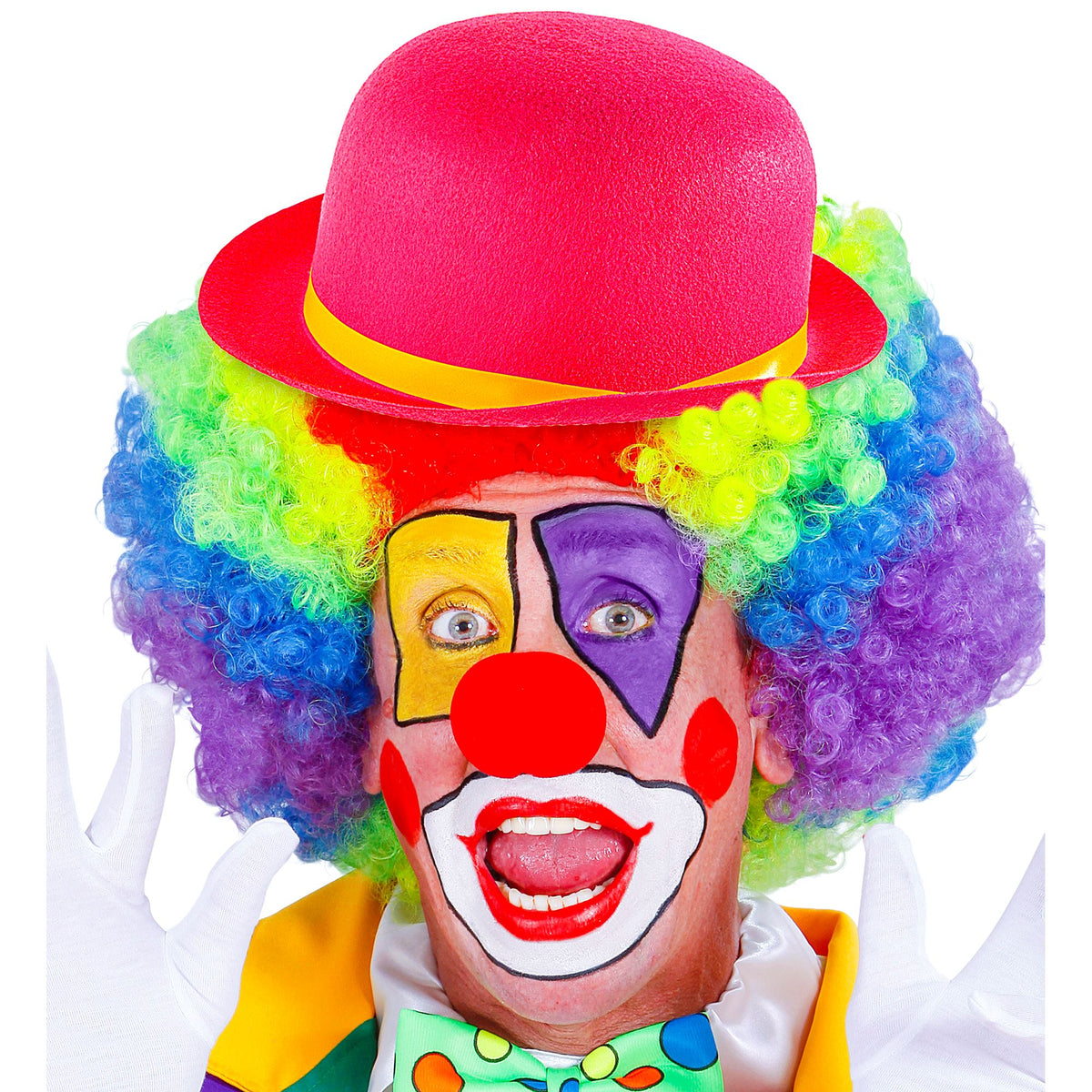 Pink bowler hat worn as part of a full clown costume with rainbow wig and face paint