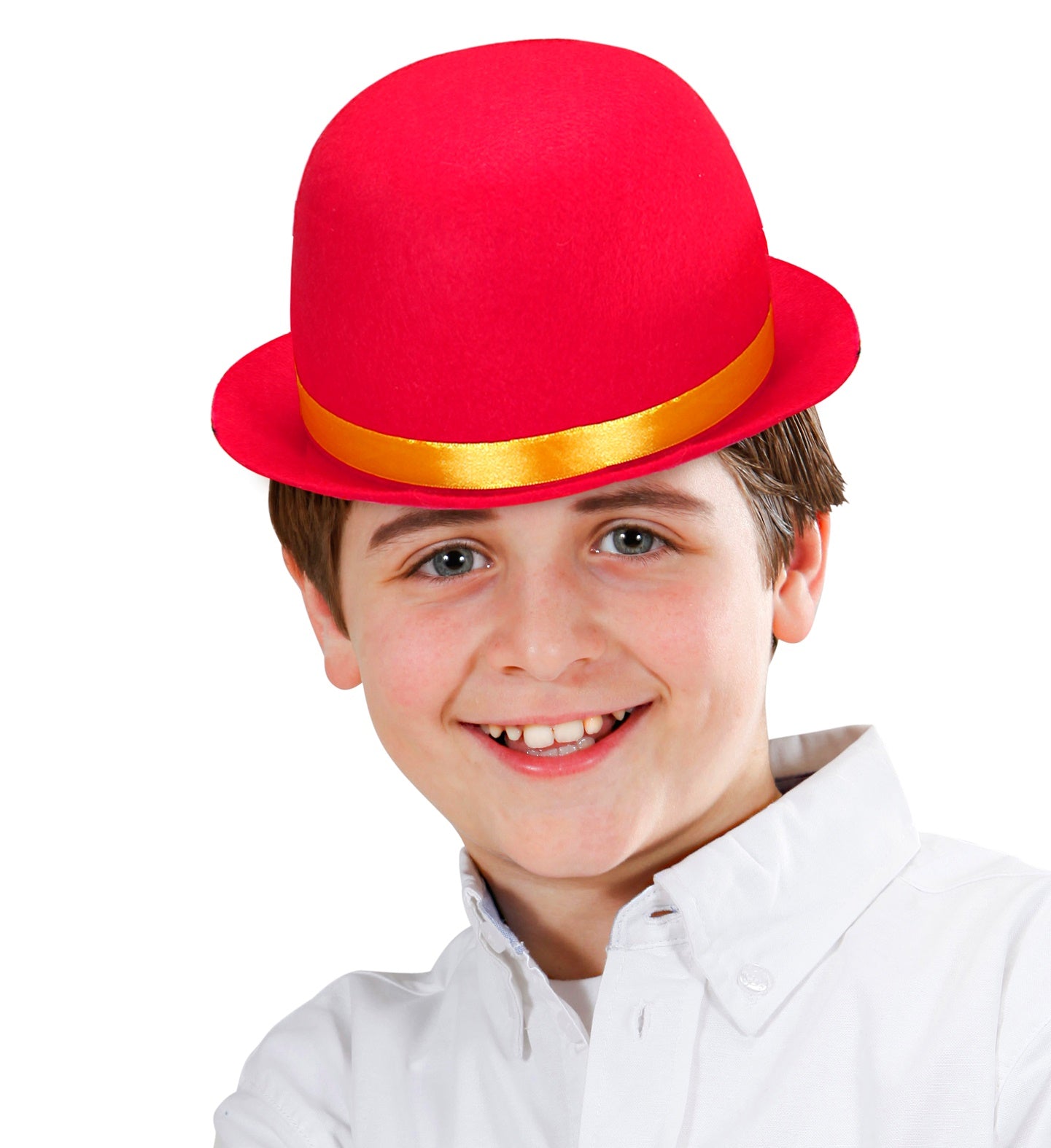 Happy child wearing a bright pink felt bowler hat with a yellow satin ribbon band.