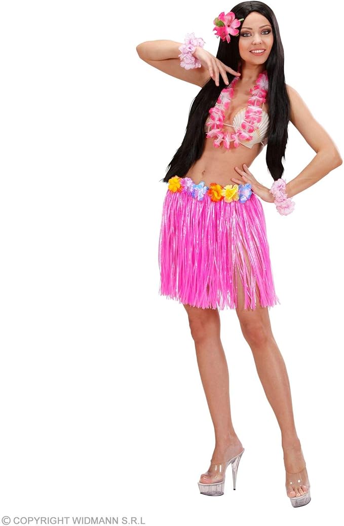 Pink Hawaiian Grass Skirt Flower Waist 45cm