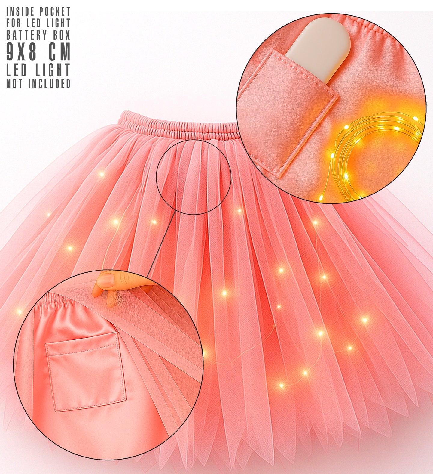 Detailed view of the pink tutu skirt showing the inner pocket designed for an LED light battery box and an example of fairy lights woven through the tulle.