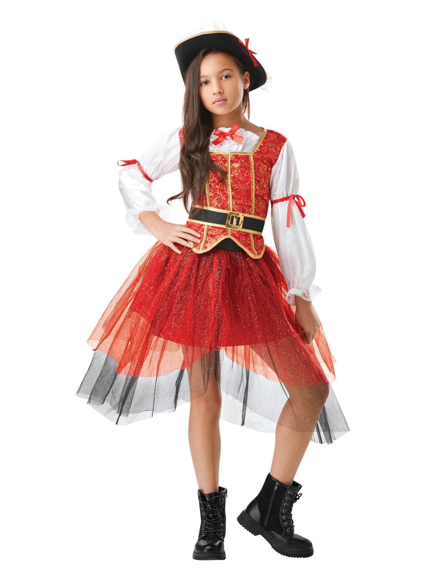 Girl modelling a Pirate Princess of the Seas costume with a red and gold dress, shimmering tutu skirt, and tricorne hat.