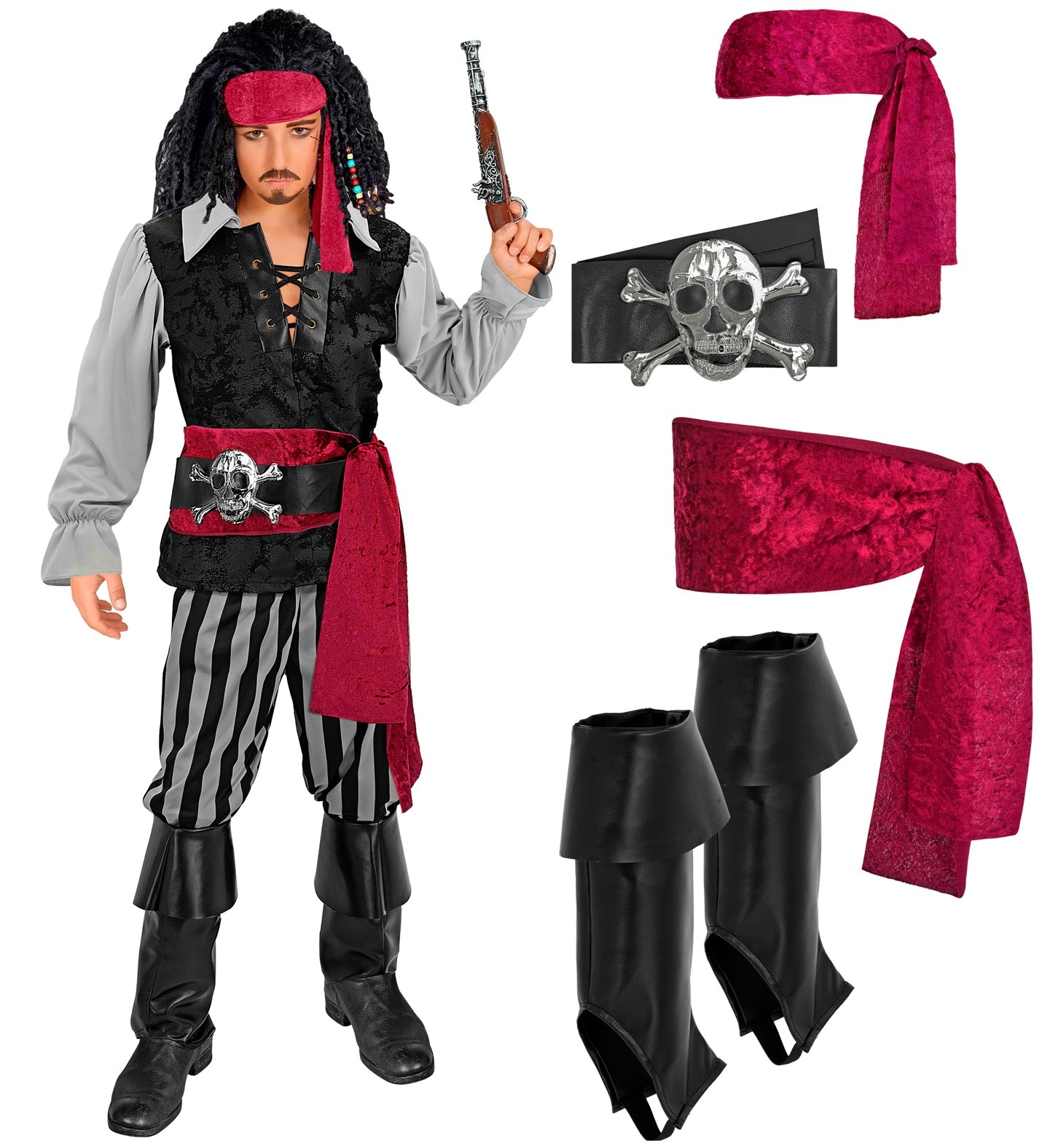 A composite image featuring an boy in a pirate rogue costume holding a flintlock pistol on the left. The costume includes a grey shirt with a black vest, black and grey striped pants, a red sash, a black belt with a skull and crossbones buckle, a red headband, and black boot covers. On the right, individual components of the costume are displayed: a red headband, a black belt with a skull and crossbones buckle, a red velvet sash, and a pair of black boot covers.