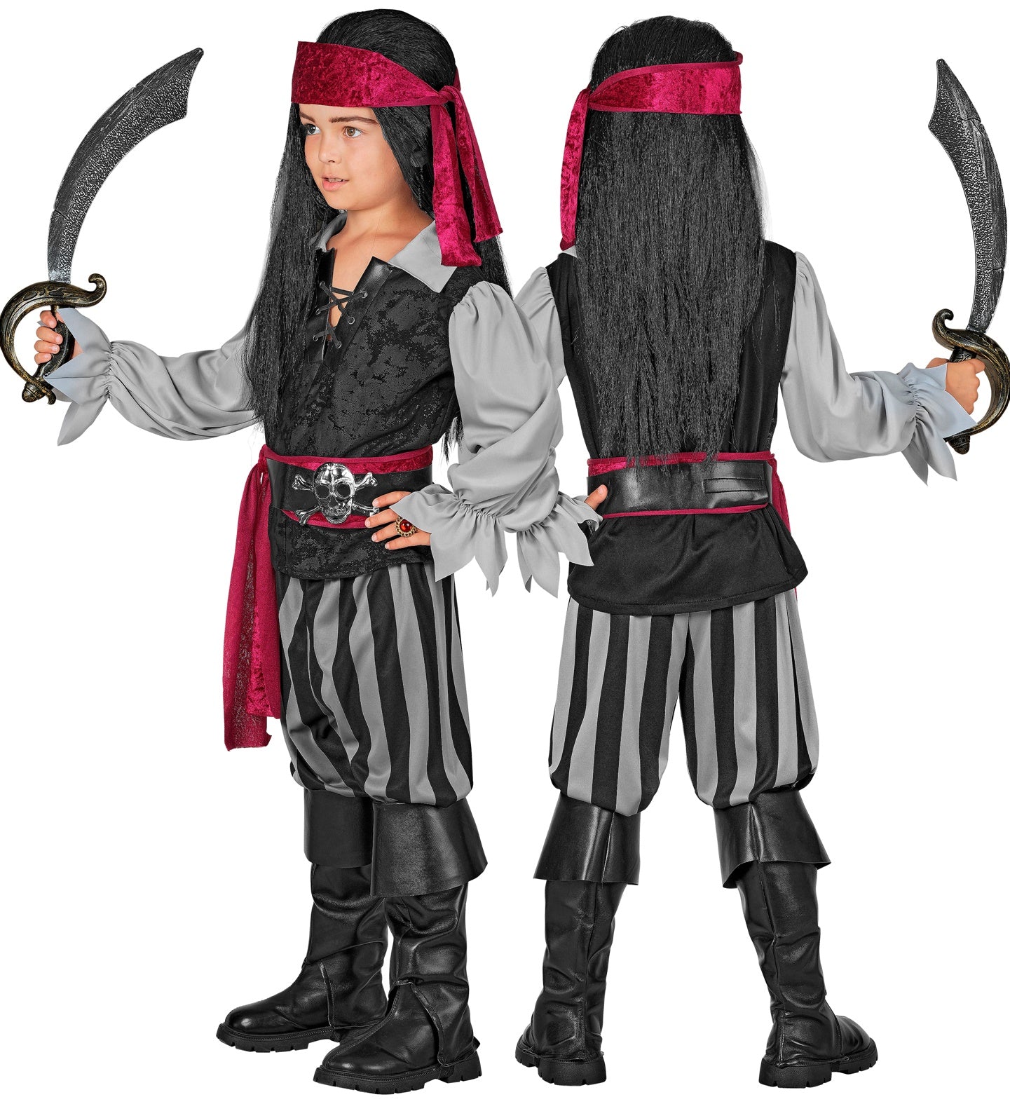 A split image showing a younger individual in a pirate rogue costume from two angles: a side profile on the left and a back profile on the right. The costume includes a grey shirt with a black vest, black and grey striped pants, a red sash, a black belt with a skull and crossbones buckle, a red headband, and black boot covers. They are holding two toy cutlasses