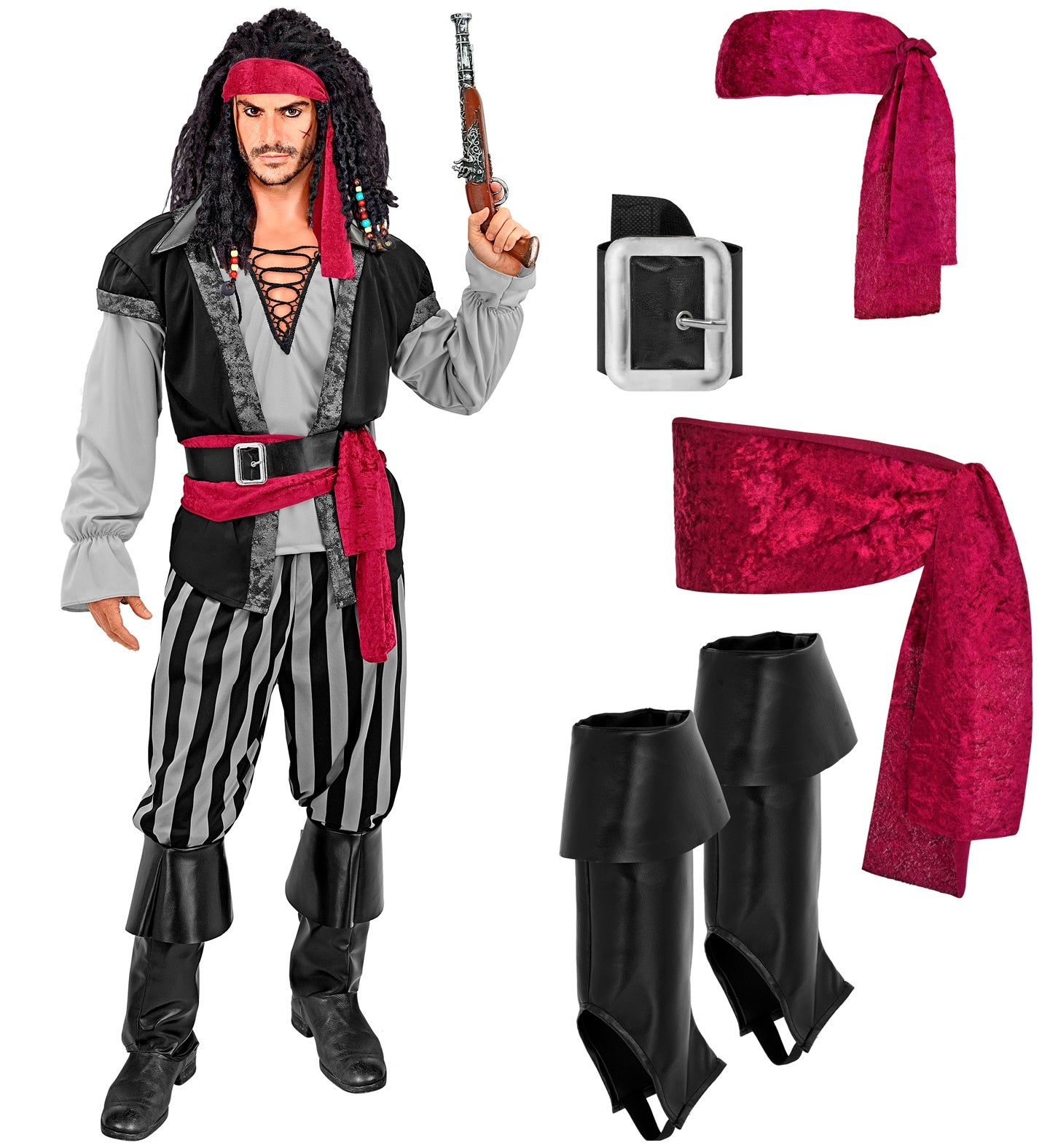 A composite image featuring a man in a pirate rogue costume holding a flintlock pistol on the left, wearing a grey shirt, black vest, striped pants, red sash, black belt, red headband, and boot covers. On the right, individual components of the costume are displayed: a red headband, a black belt with a silver buckle, a red velvet sash, and a pair of black boot covers.