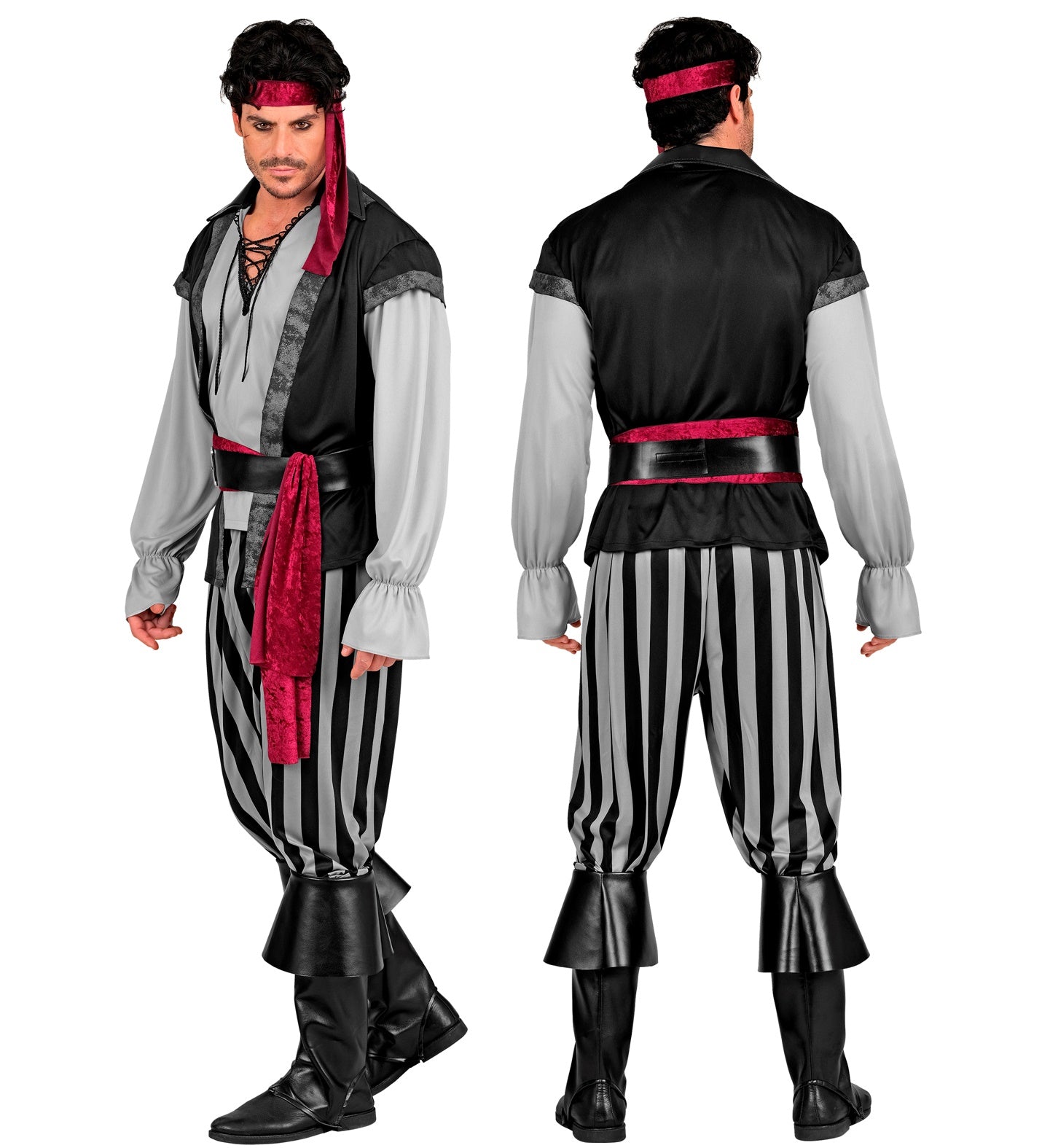 A split image showing a man in a pirate rogue costume from two angles: a side profile on the left, displaying the grey and black striped pants, grey shirt, black vest, red sash, black belt, red headband, and black boot covers; and a back profile on the right, showing the same costume from behind.