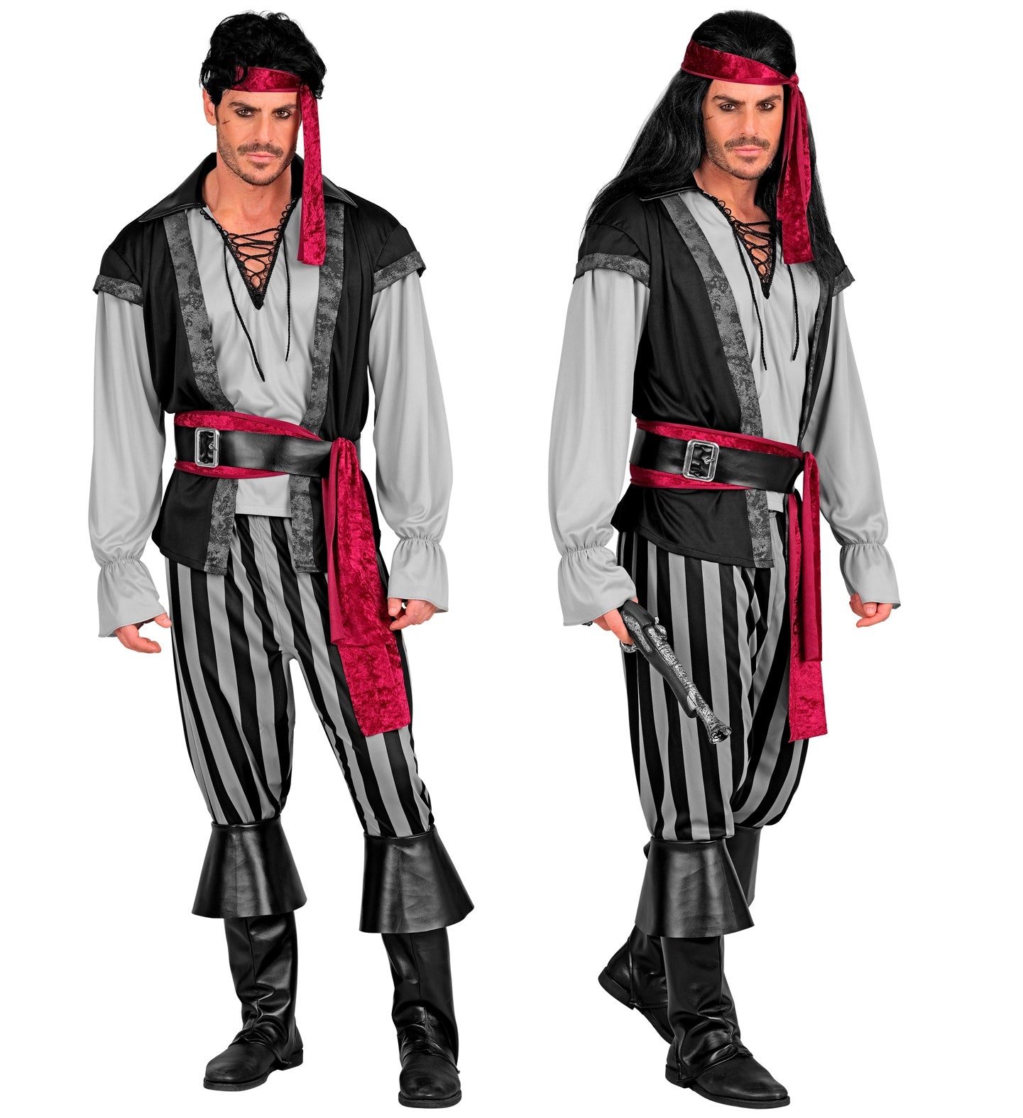 A split image showing two side profiles of a man in a pirate rogue costume. The left image shows him with a tidier look, while the right image shows him with a long, dark wig and holding a pistol, emphasizing the costume's adaptability. Both wear the grey shirt, black vest, striped pants, red sash, black belt, red headband, and boot covers.