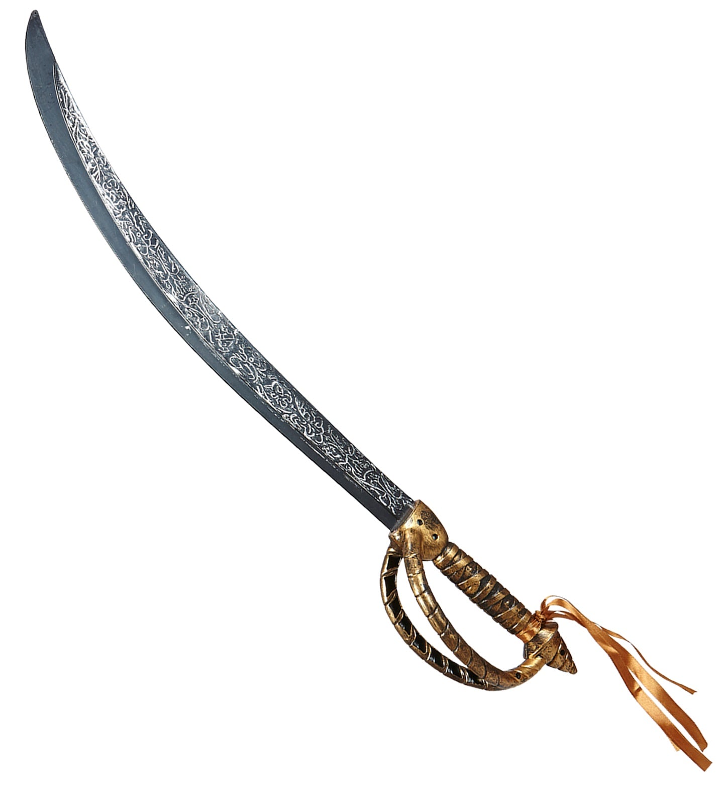 A 70cm plastic toy pirate cutlass sword with a curved, patterned silver blade and an ornate gold and bronze handle with ribbons.