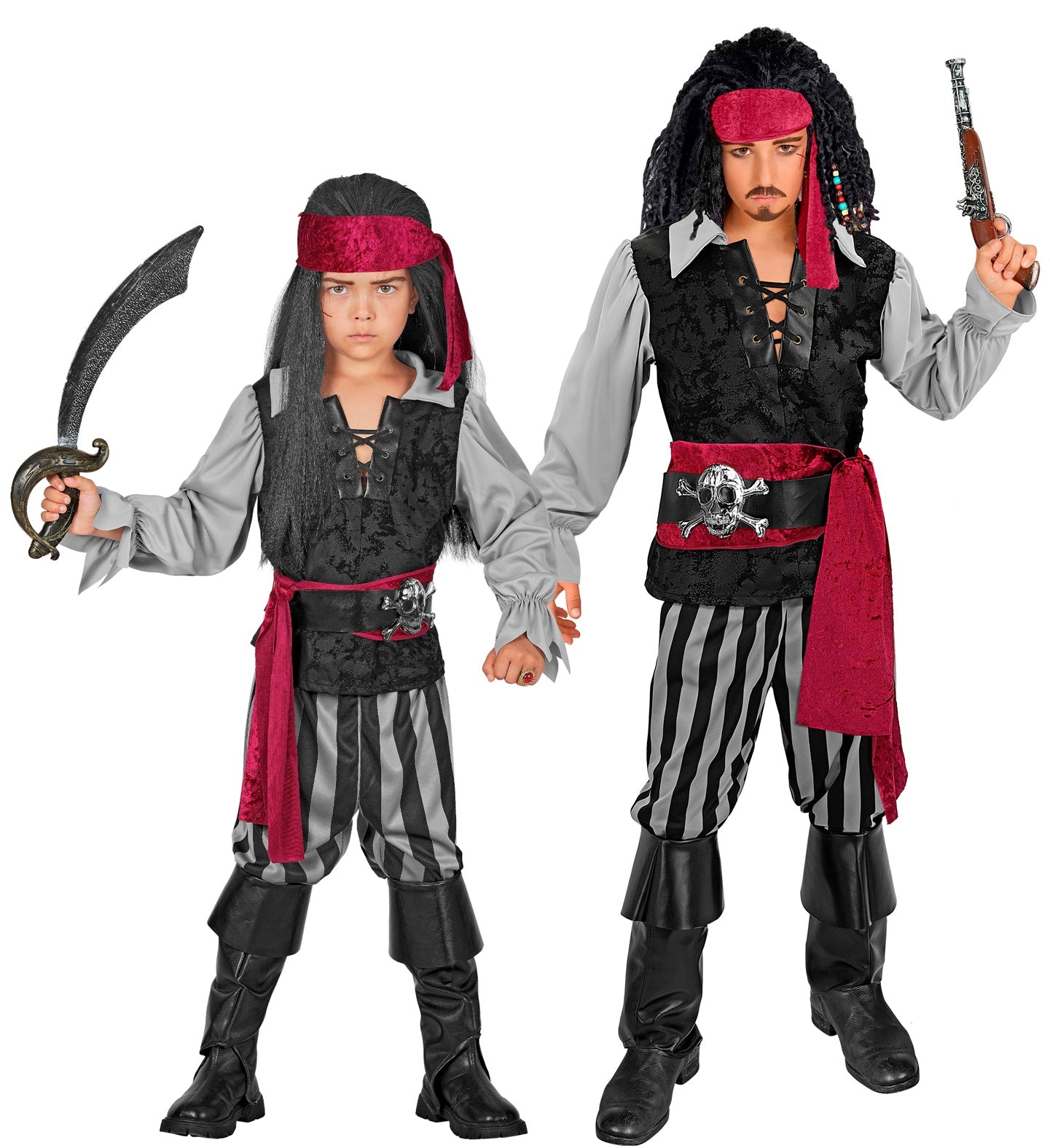 Two children in pirate rogue costumes. On the left, a younger individual in a costume holding a toy saber. On the right, an adult in a similar costume holding a toy pistol. Both costumes feature a grey shirt with a black vest, black and grey striped pants, a red sash, a black belt with a skull and crossbones buckle, a red headband, and black boot covers.