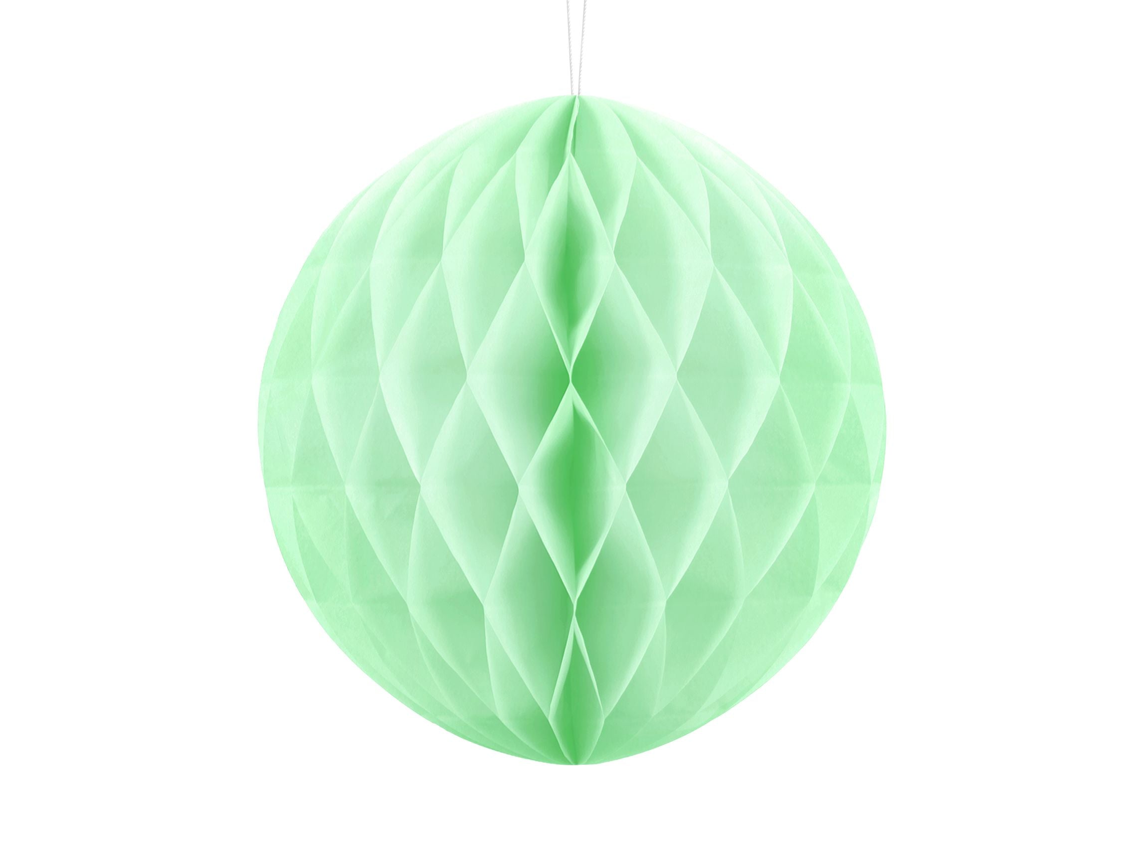 A large 30cm hanging paper honeycomb ball in a soft, pastel pistachio (mint green) colour.