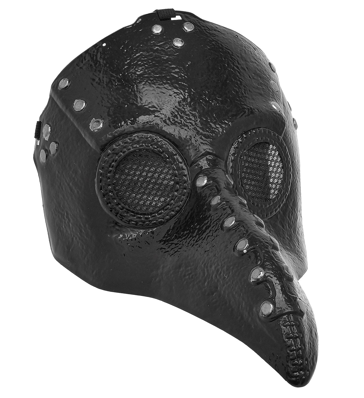A straight-on flat lay view of a shiny black hard plastic Plague Doctor mask, showcasing the large round mesh eye holes, long curved beak, and silver painted stud details.