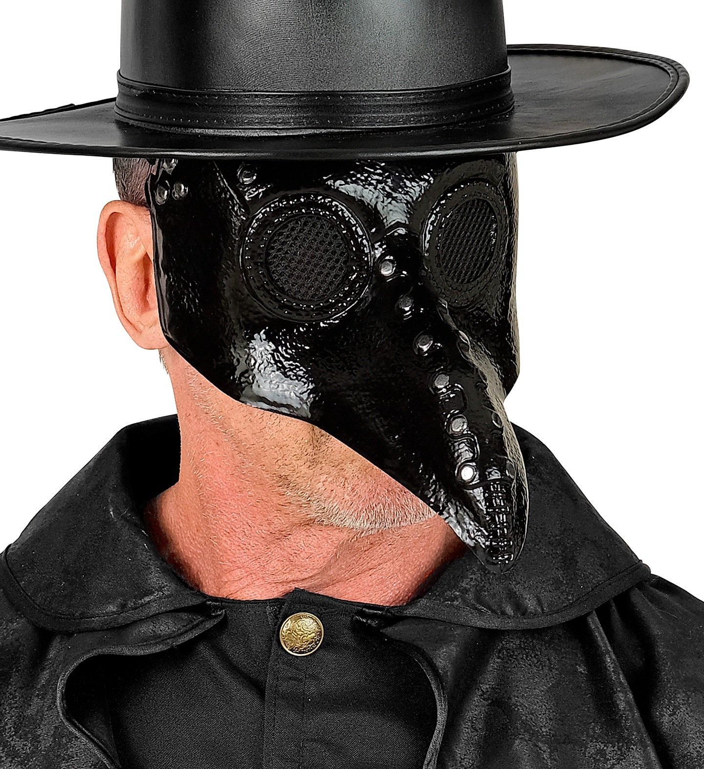 A side-profile view of a man wearing a high-gloss black Plague Doctor mask, highlighting the long, rigid curved beak with silver rivet details and a black top hat.