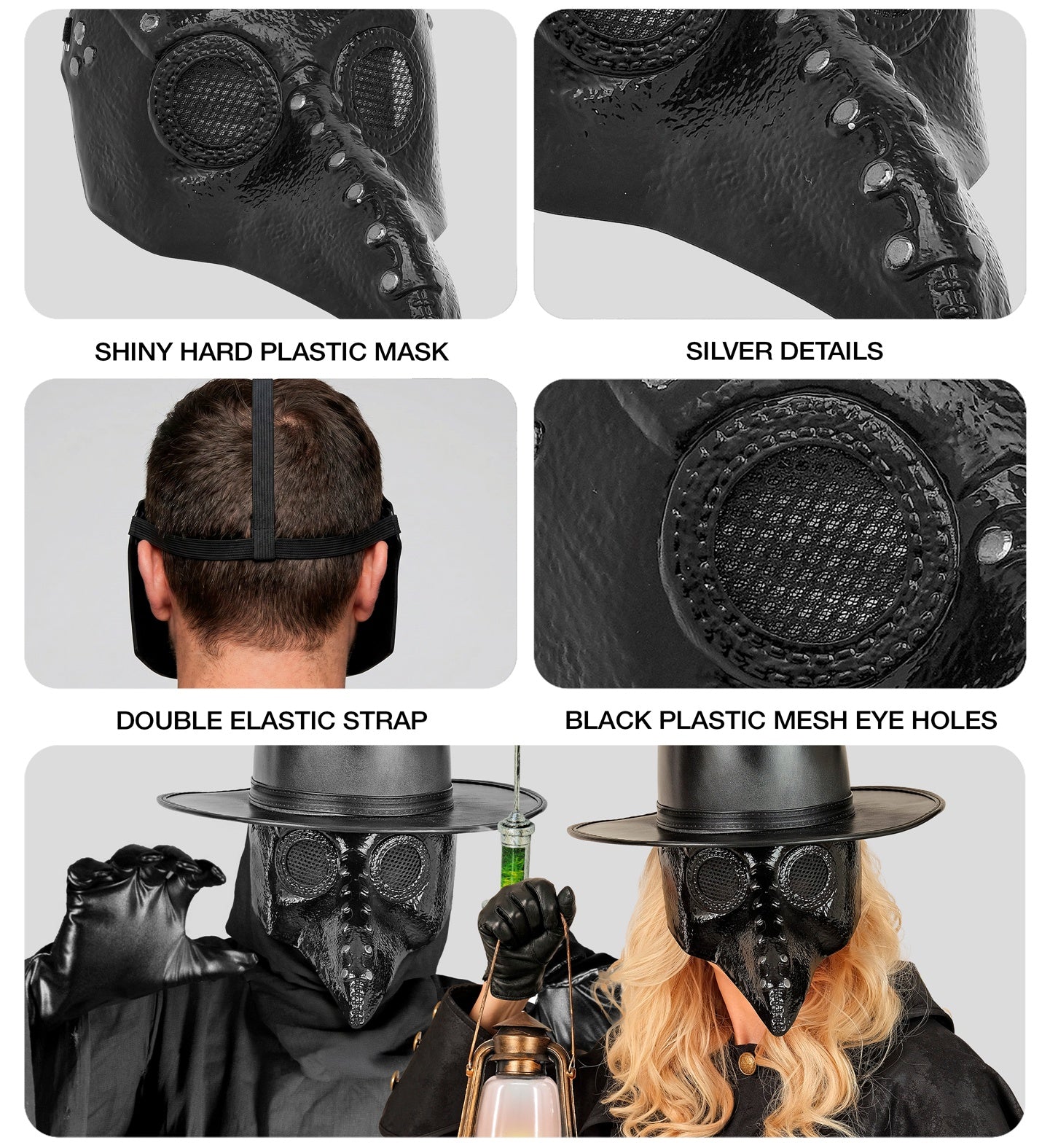 A multi-panel collage highlighting the details of a hard plastic plague doctor mask, showing close-ups of the shiny finish, silver rivet details, double elastic head strap, and black plastic mesh eye holes.