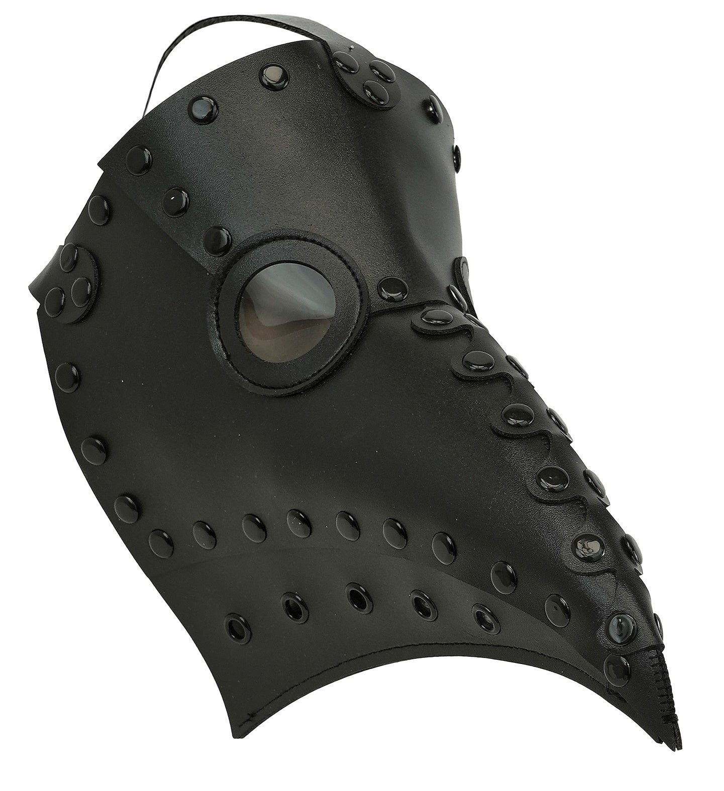 A detailed product view of a black faux leather plague doctor mask with a long curved beak, decorated with rows of glossy black studs and round dark eye lenses.