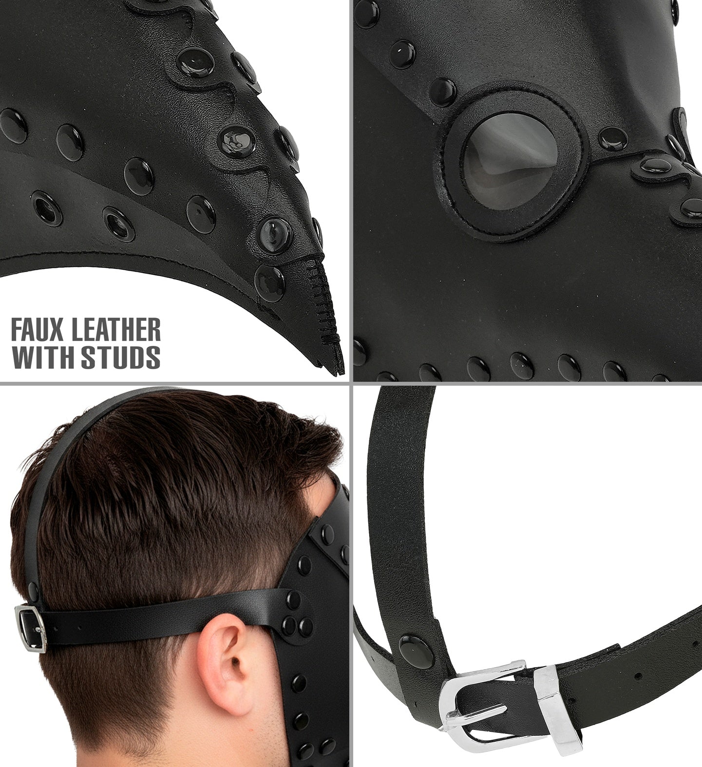 A multi-panel close-up image showing details of a black faux leather plague doctor mask, highlighting the glossy black studs, tinted circular eye lens, and the adjustable buckle straps.