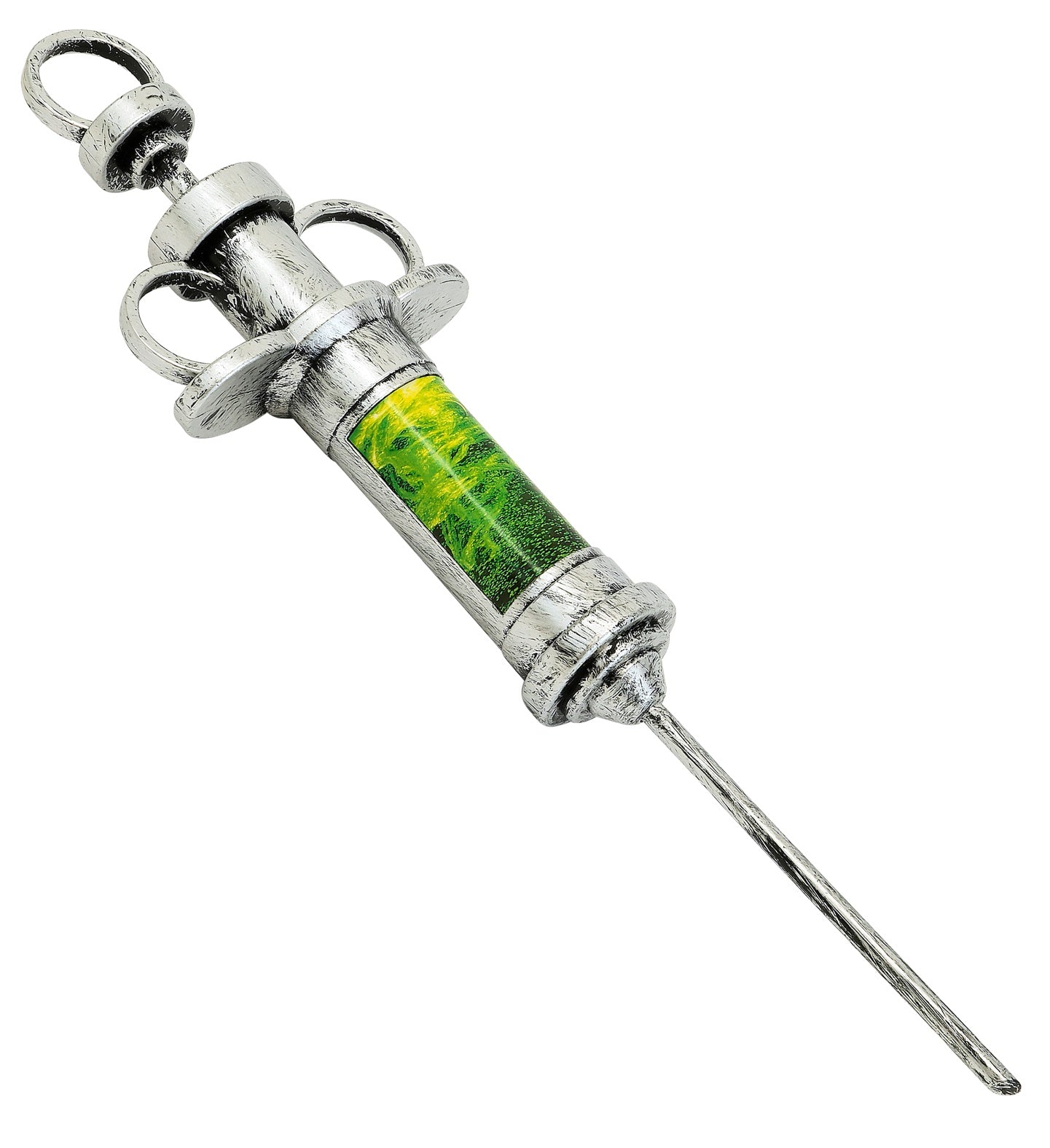 A large 30cm vintage-style fancy dress syringe prop, featuring a distressed silver metallic finish and a central barrel filled with bright, swirling green liquid.