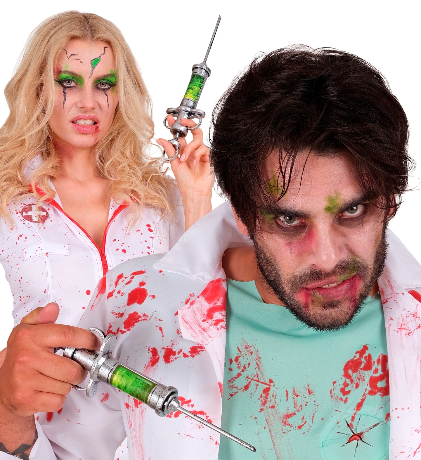 Two models dressed as terrifying blood-splattered zombie medical staff; a female nurse and a male doctor, both menacingly holding large silver and green syringe props.