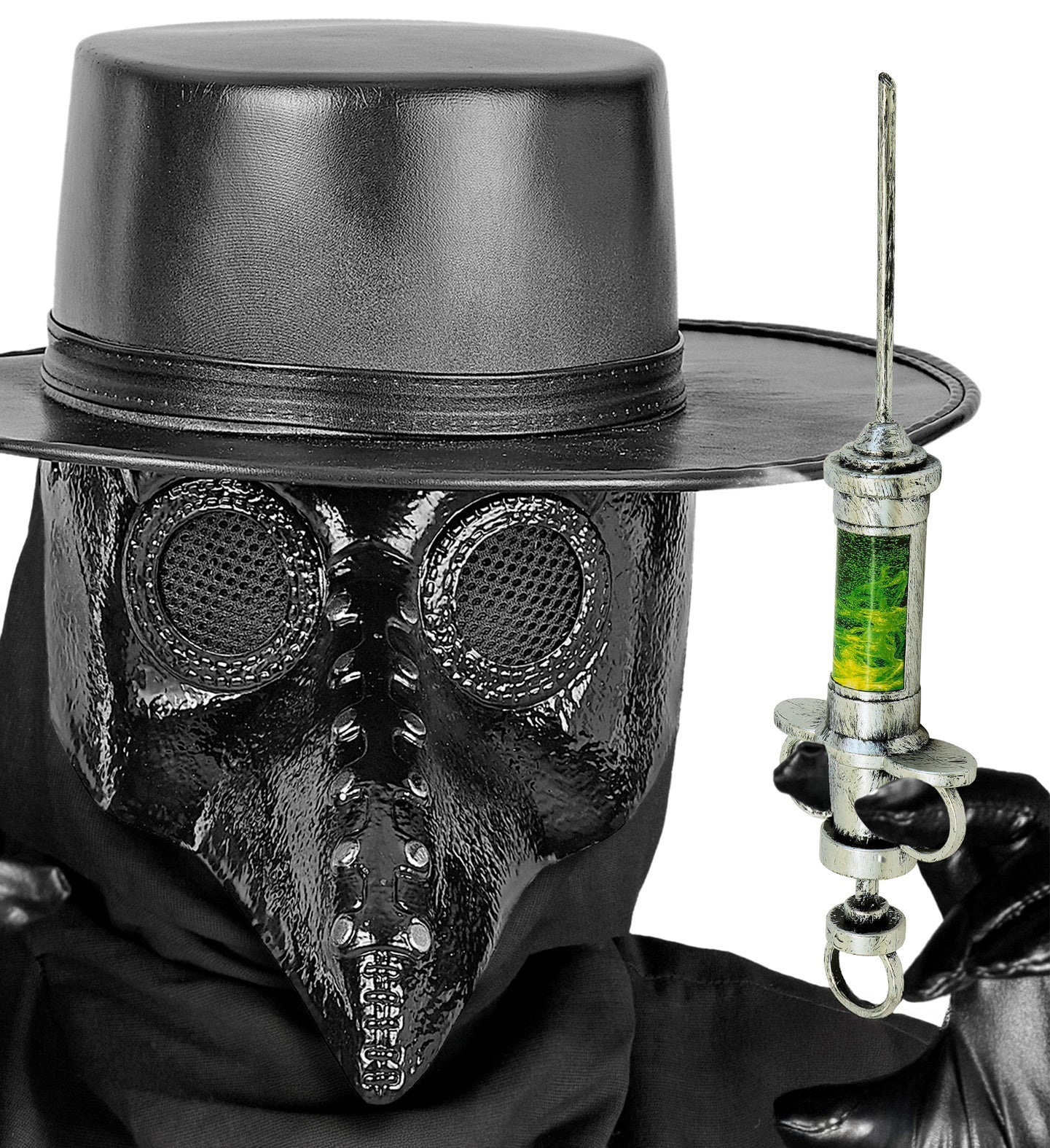 A model in a full black plague doctor costume with a long beaked mask and hat, holding their hands up menacingly while gripping a large silver and green syringe prop.