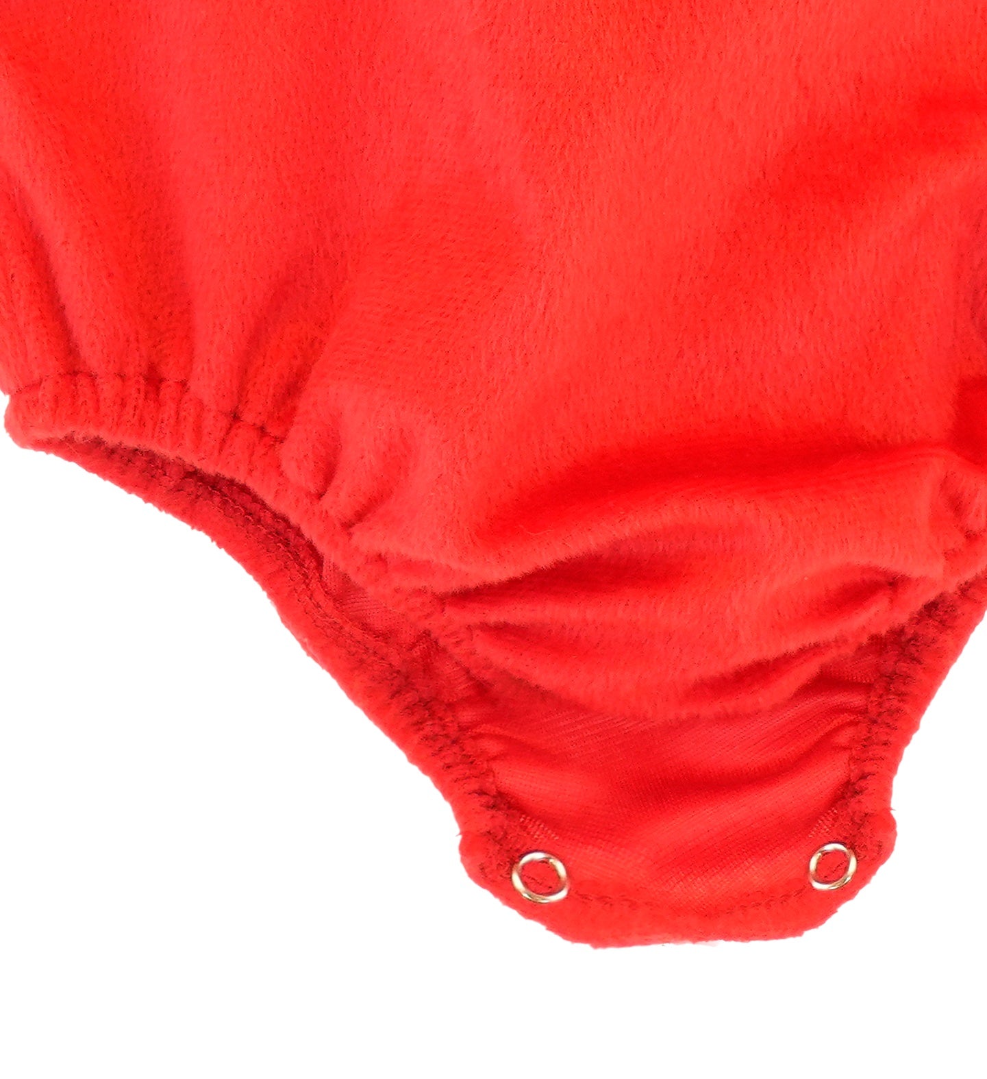 A close-up of the plush red jumpsuit, showing the snap fasteners and elasticated leg openings at the crotch area.